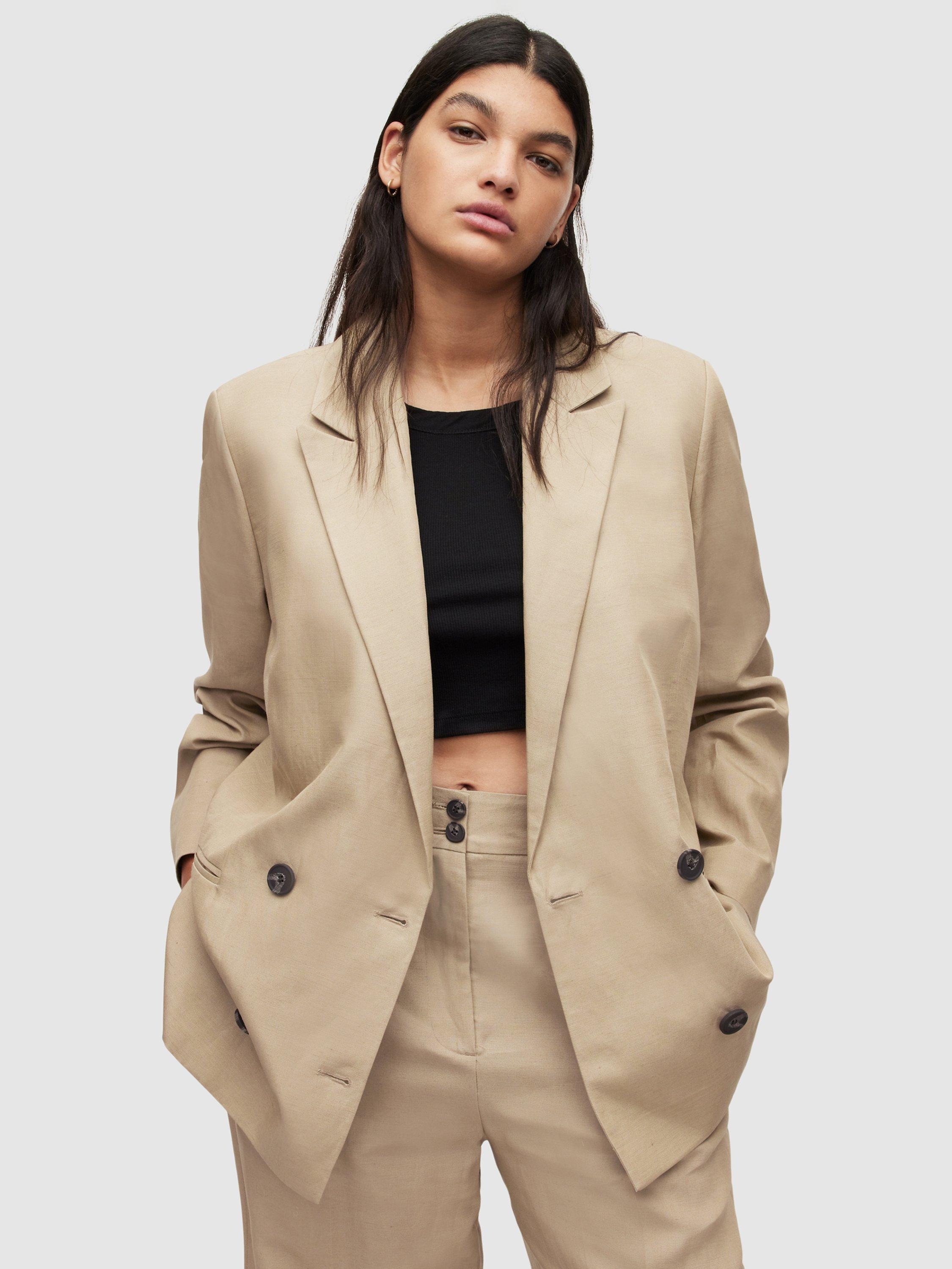 AllSaints Petra Double Breasted Linen Blend Blazer, Light Beige
