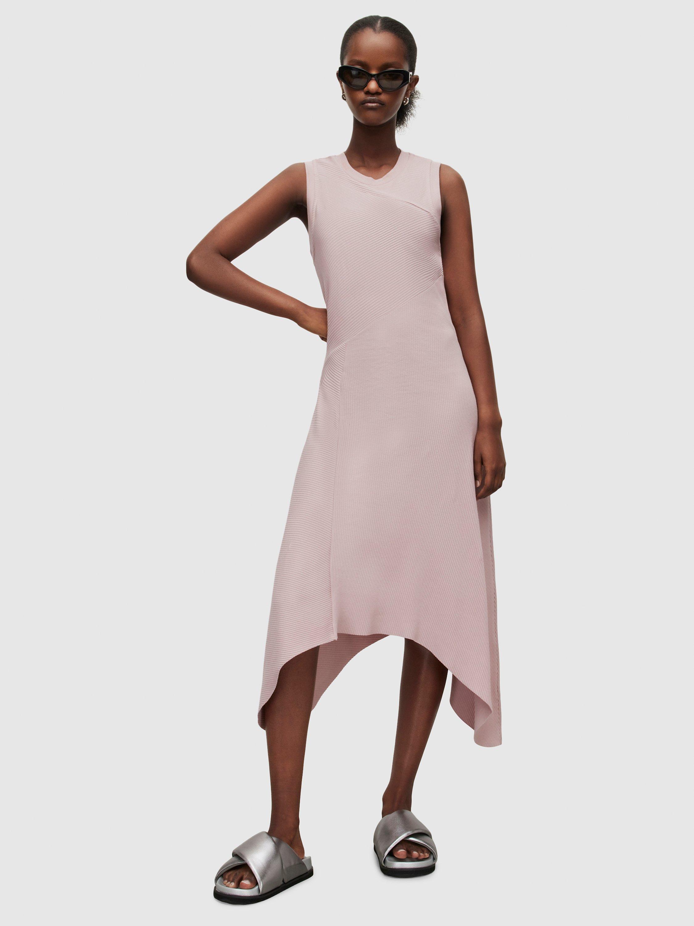 AllSaints Gia Ribbed Hanky Hem Midi Dress, Pale Orchid Pink