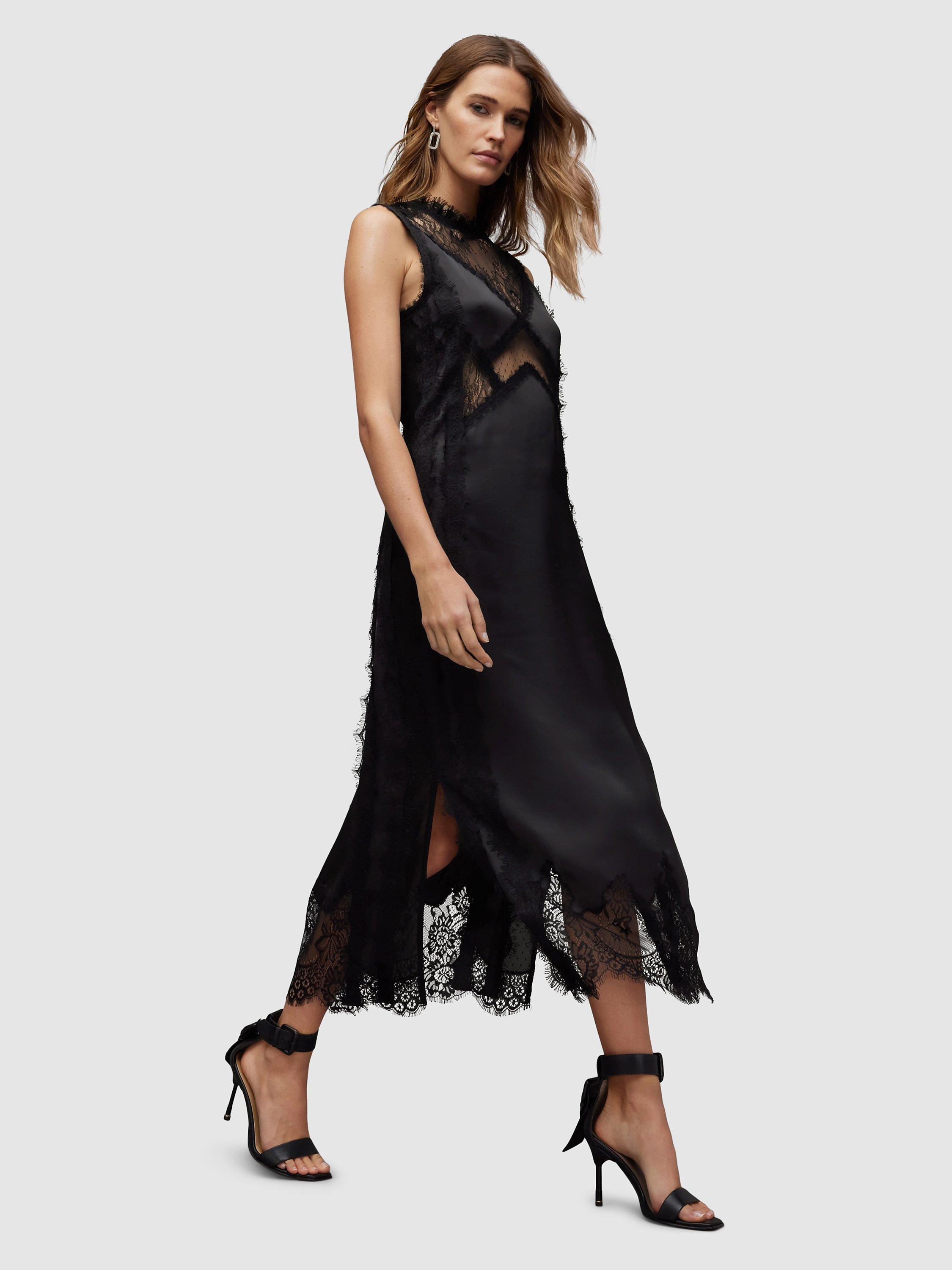 AllSaints Mila Lace Trim Midi Dress, Black