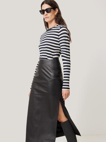 Jigsaw Cotton Slub Stripe Long Sleeve Top, Navy