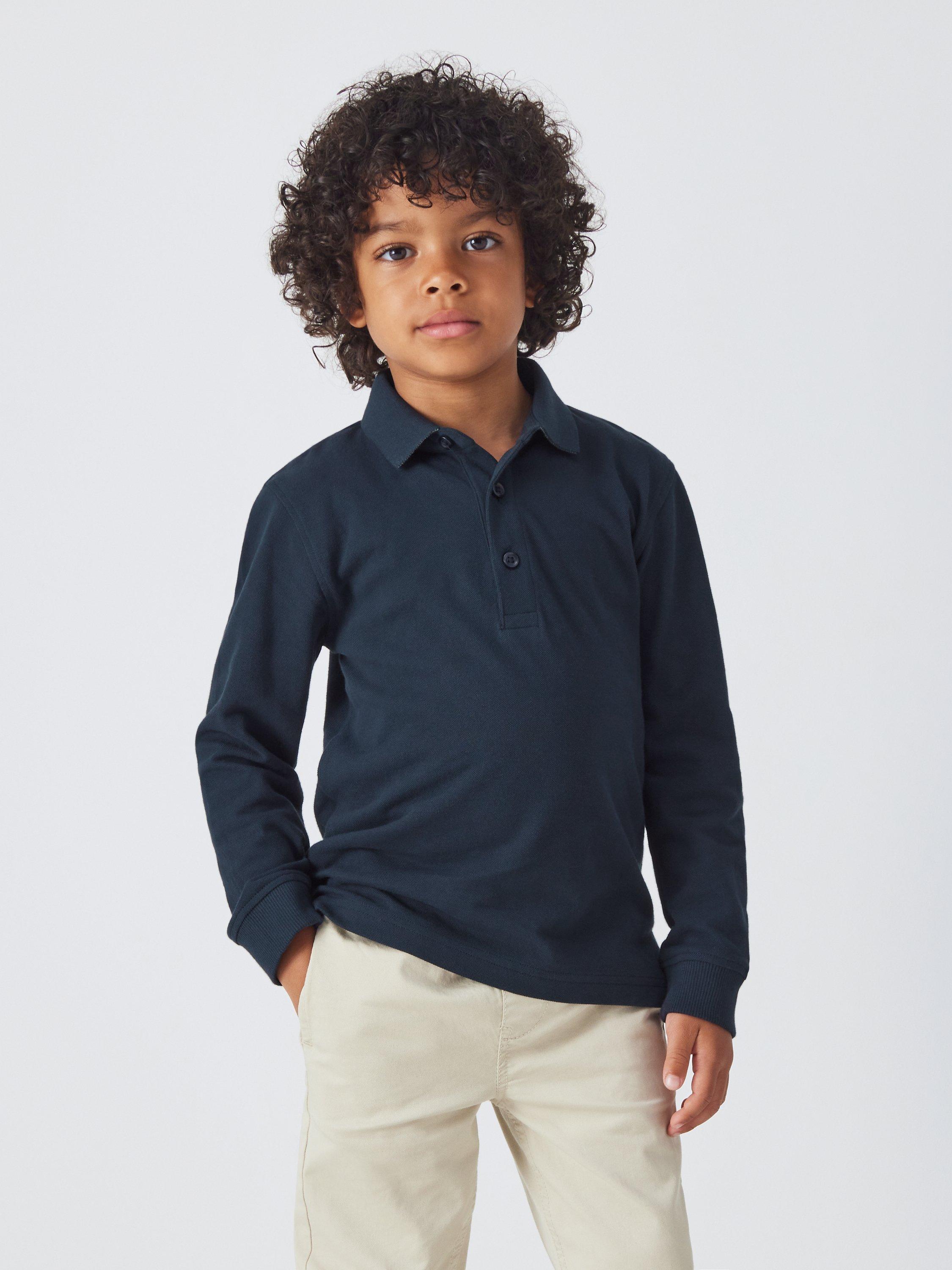 John Lewis Kids' Plain Pique Cotton Long Sleeve Polo Shirt, Blue