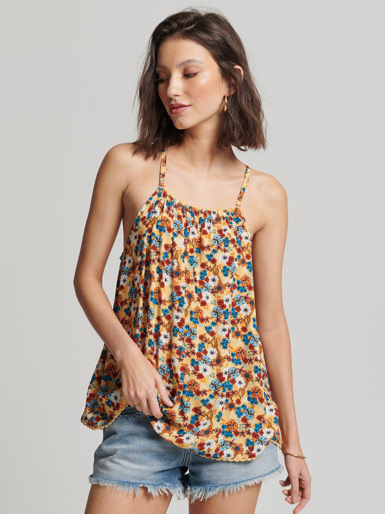 Superdry Halter Beach Cami Top, 70s Yellow Floral