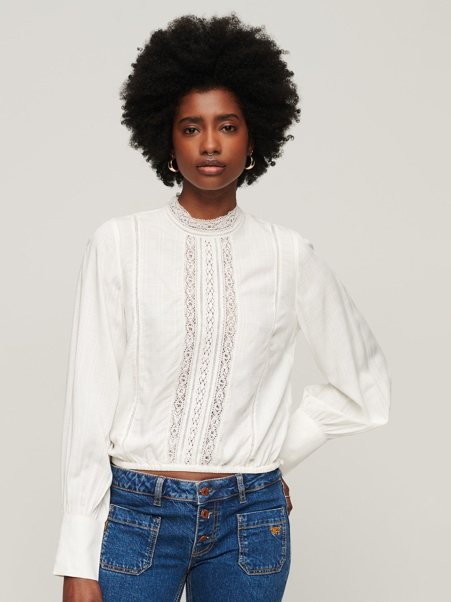 Superdry Studios Lace Mix Top, New Chalk