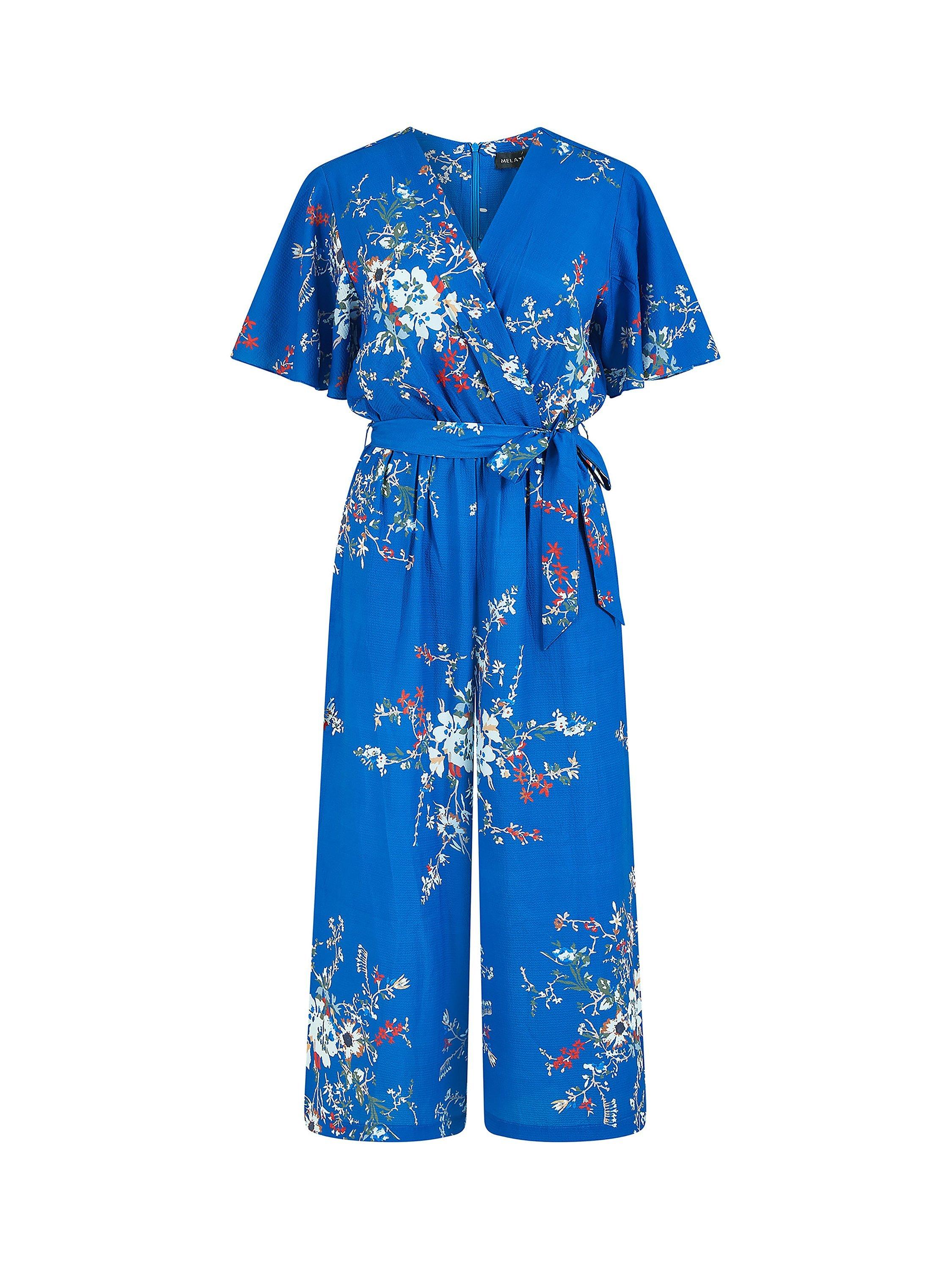 Product image 5 of 5, which shows Mela London Floral Print Wrap Jumpsuit, Blue, 8