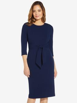 Adrianna Papell Knit Crepe Tie Waist Sheath Knee Length Dress, Navy Sateen