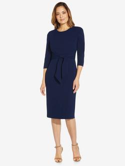 Adrianna Papell Knit Crepe Tie Waist Sheath Knee Length Dress - view 2, Navy Sateen