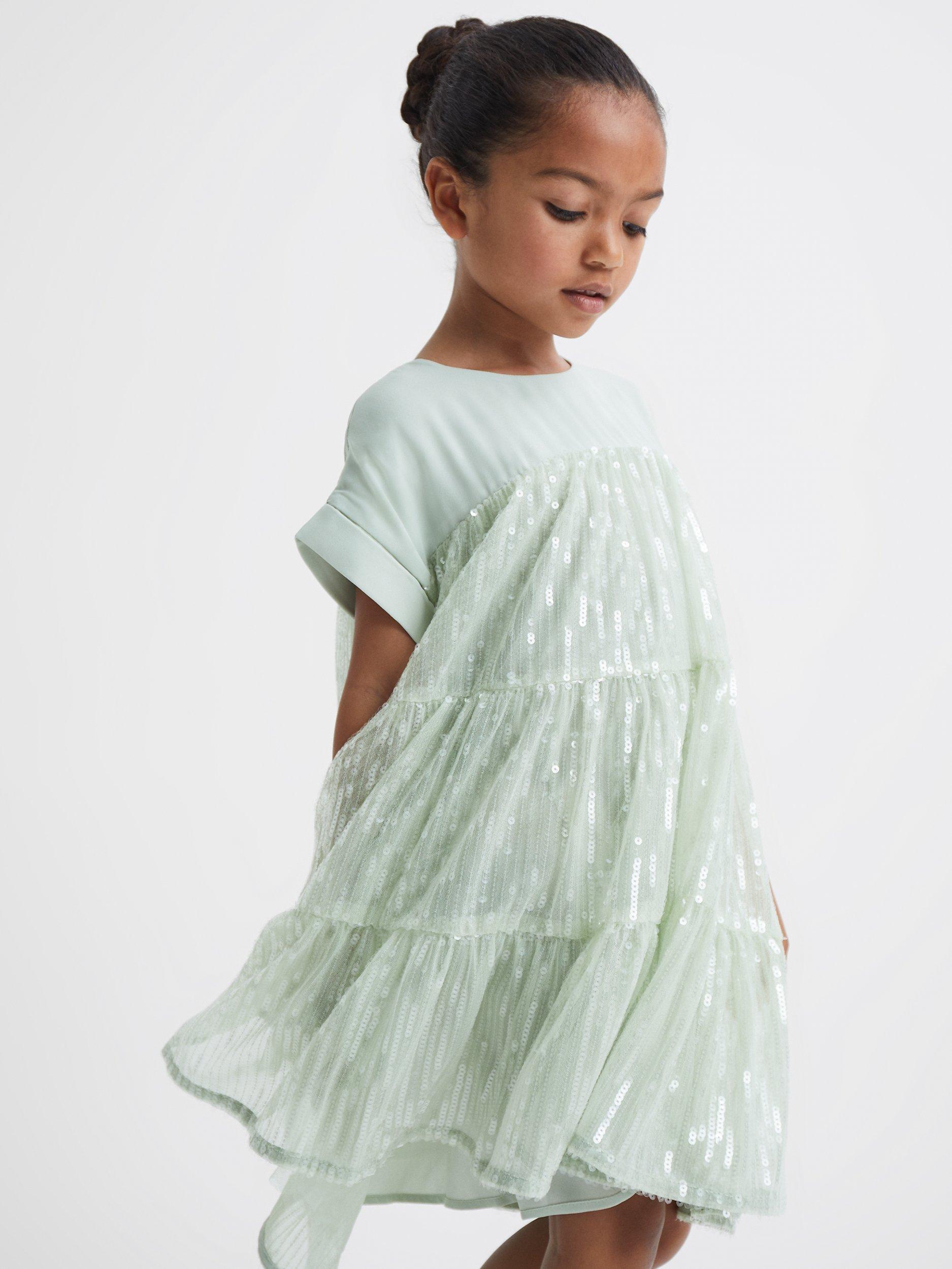 Reiss Kids' Luci Sequin Tiered Dress, Sage