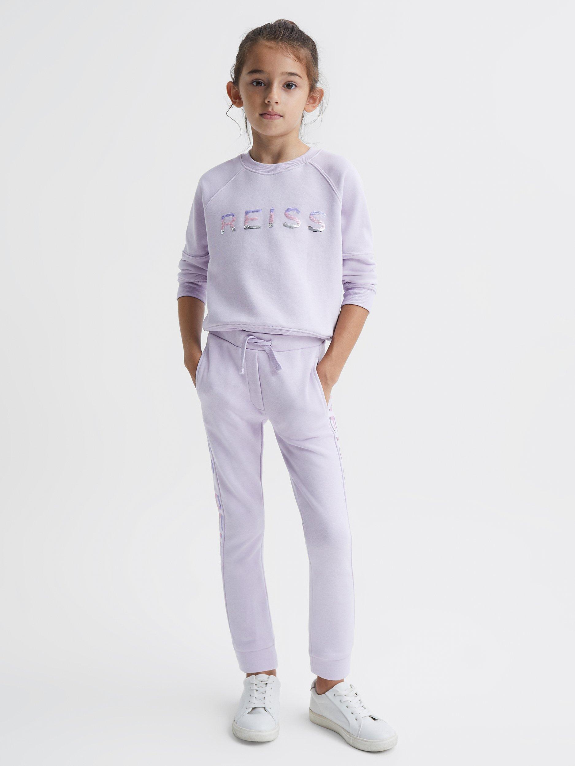 Reiss Kids' Bryony Sequin Logo Jersey Top, Lilac