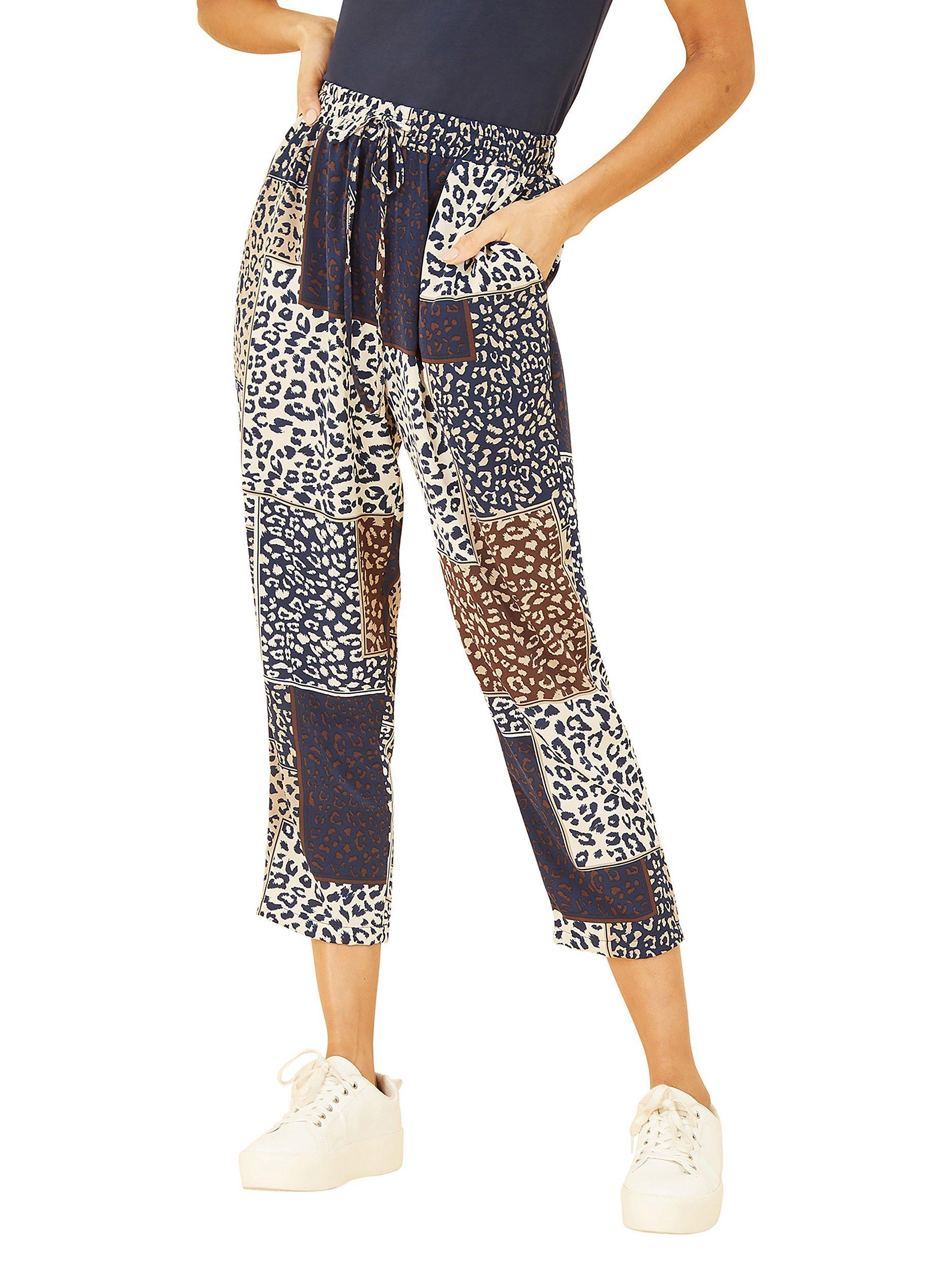 Product image 2 of 4, which shows Yumi Patchwork Animal Print Cropped Trousers, Navy/Multi, 8
