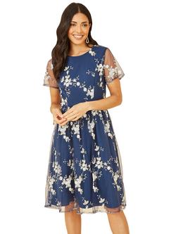 Yumi Embroidered Floral Skater Dress, Navy, Navy