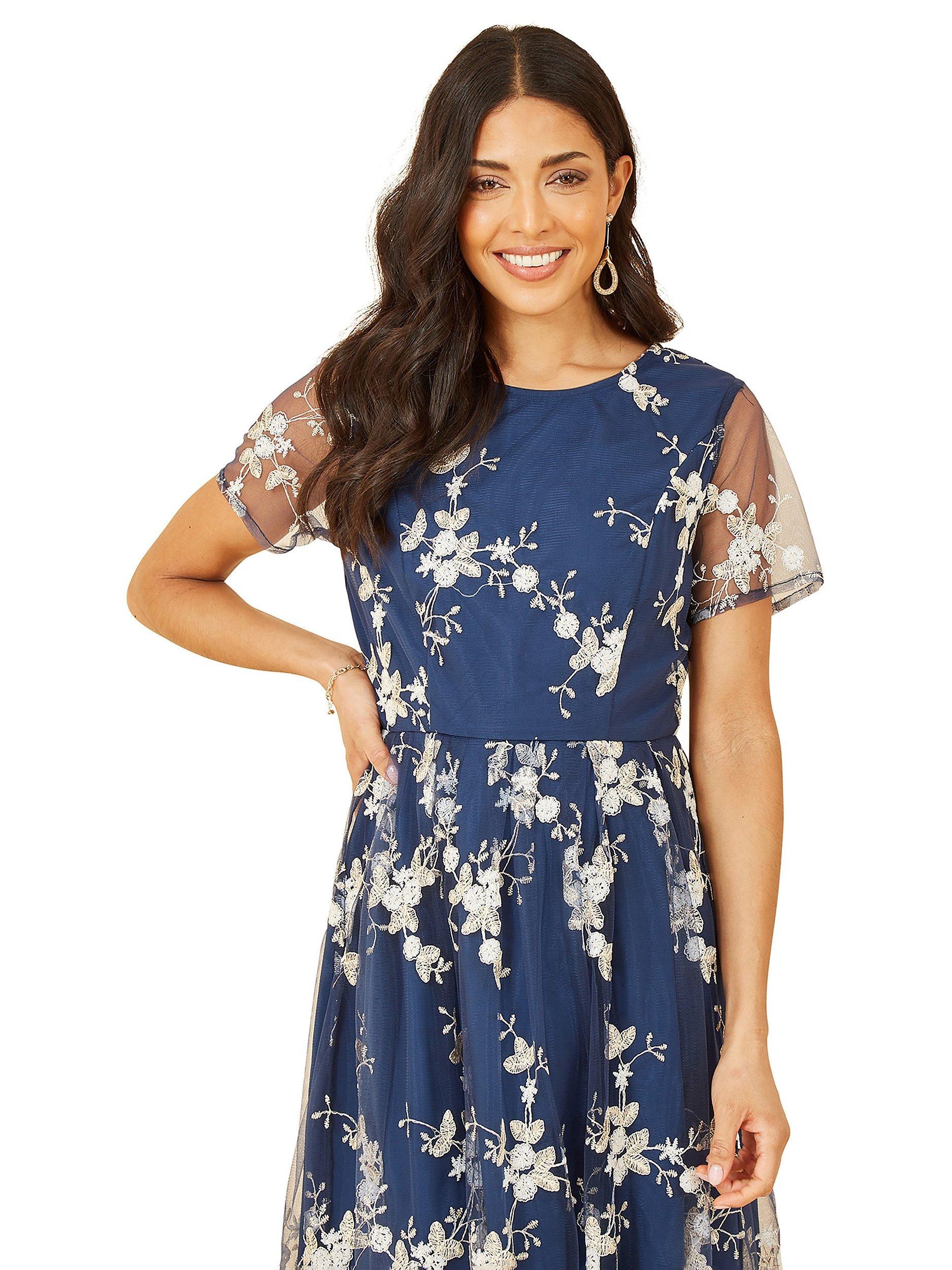 Product image 2 of 5, which shows Yumi Embroidered Floral Skater Dress, Navy, 8