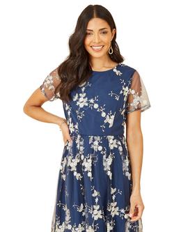 Yumi Embroidered Floral Skater Dress, Navy - view 2, Navy