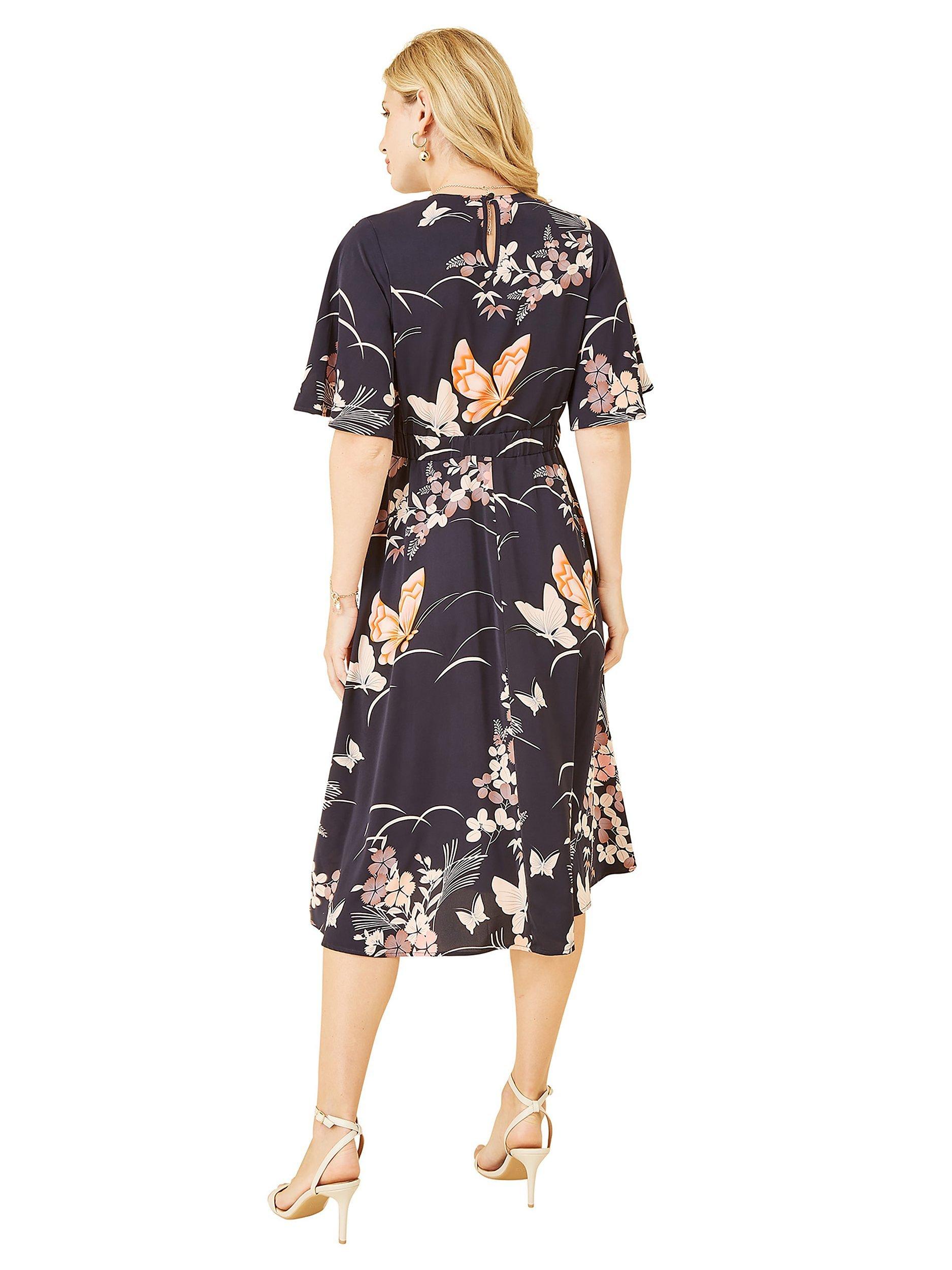 Product image 3 of 5, which shows Yumi Butterfly Print Kimono Sleeve Midi Dress, Navy, 8