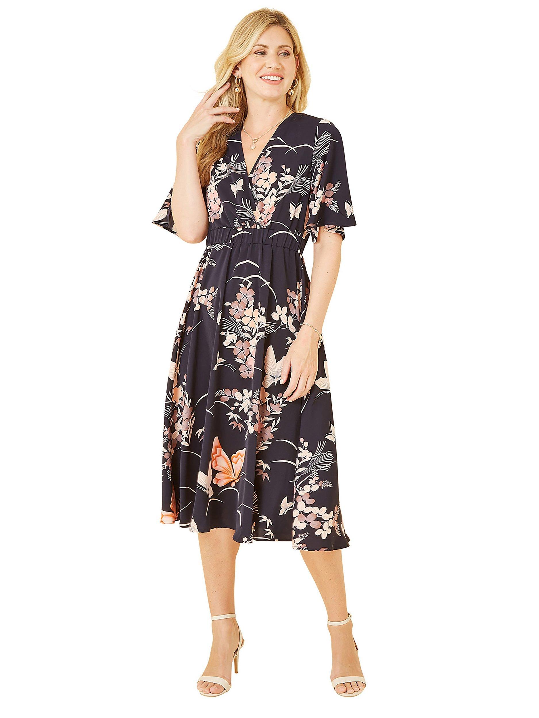 Product image 4 of 5, which shows Yumi Butterfly Print Kimono Sleeve Midi Dress, Navy, 8