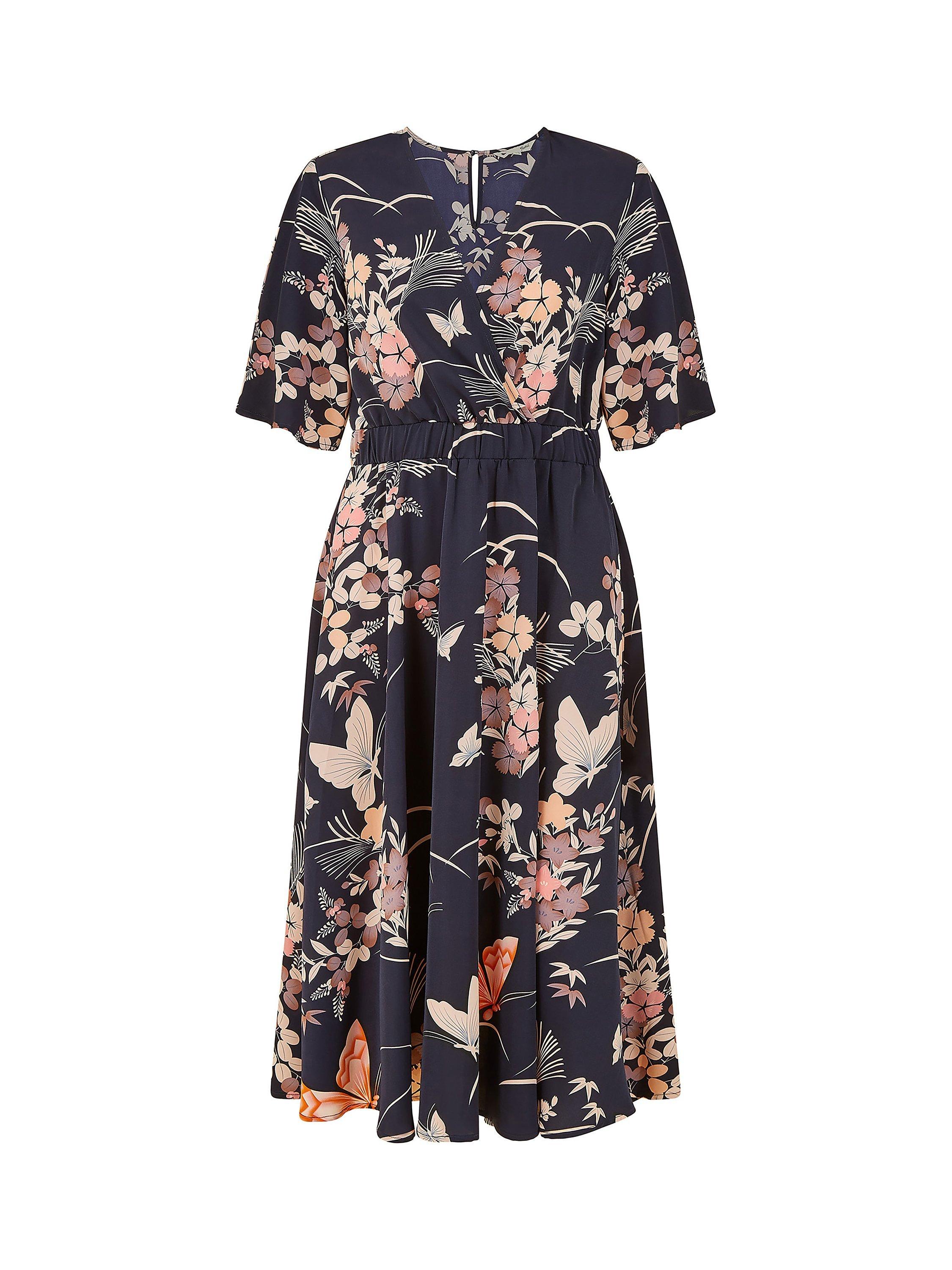 Product image 5 of 5, which shows Yumi Butterfly Print Kimono Sleeve Midi Dress, Navy, 8