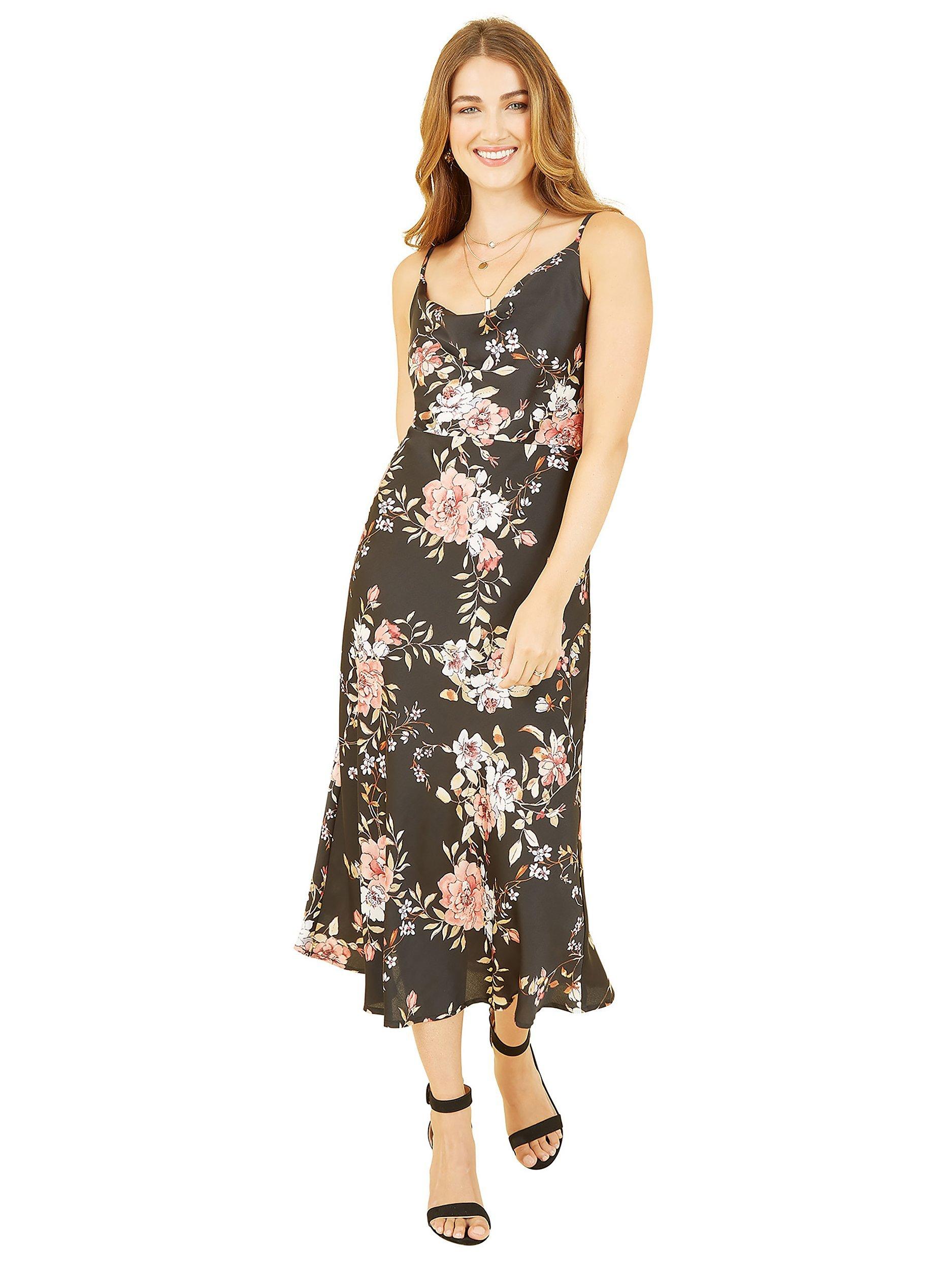 Product image 1 of 4, which shows Yumi Floral Print Slip Midi Dress, Black, 8
