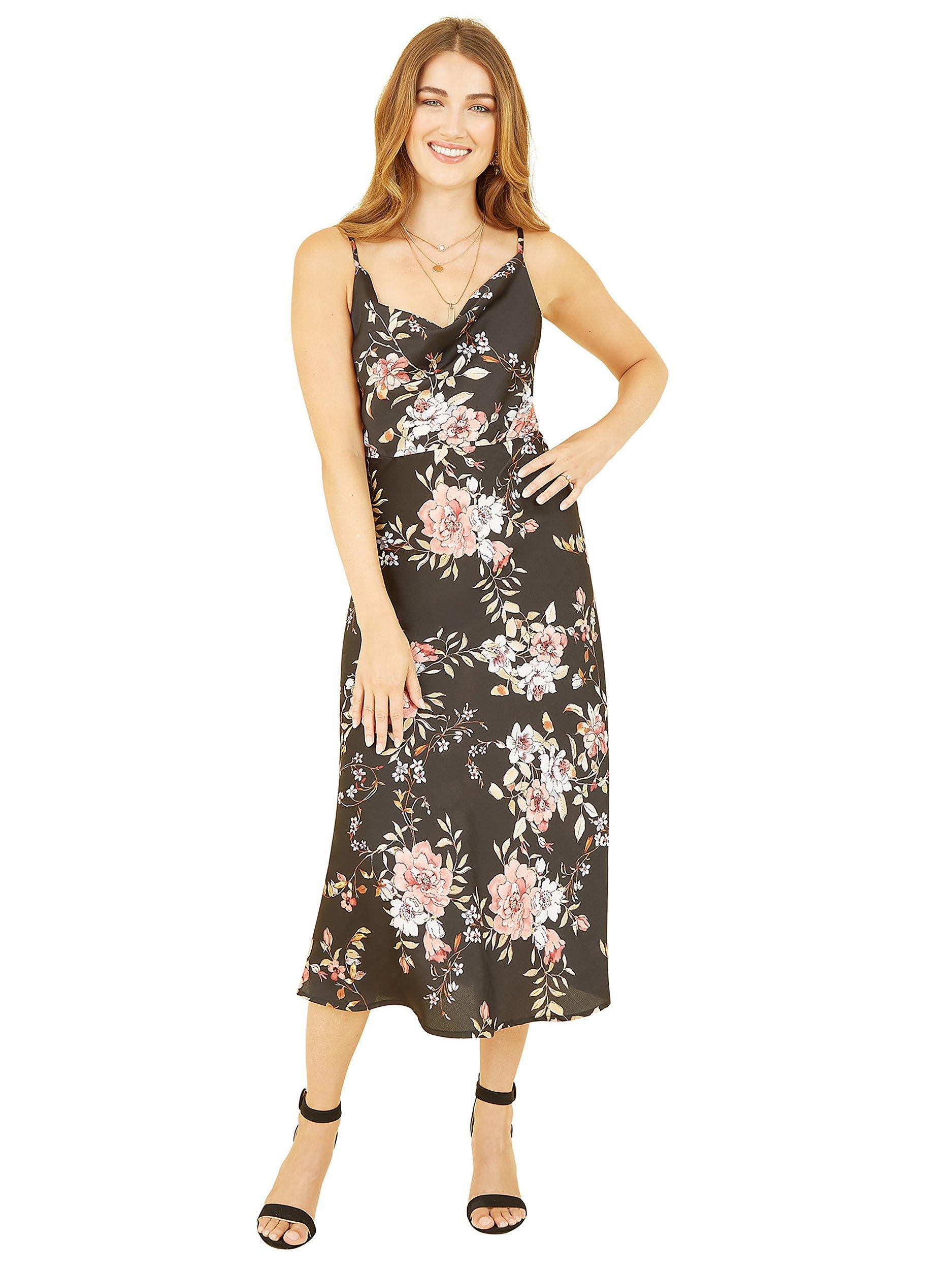 Product image 4 of 4, which shows Yumi Floral Print Slip Midi Dress, Black, 8