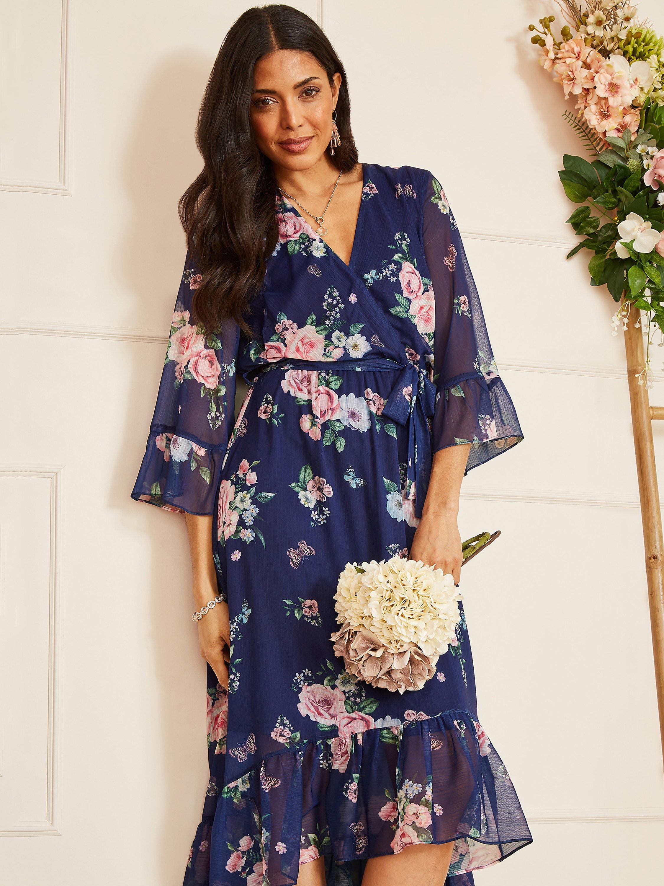 Product image 2 of 5, which shows Yumi Floral Print Wrap Midi Dress, Navy, 8
