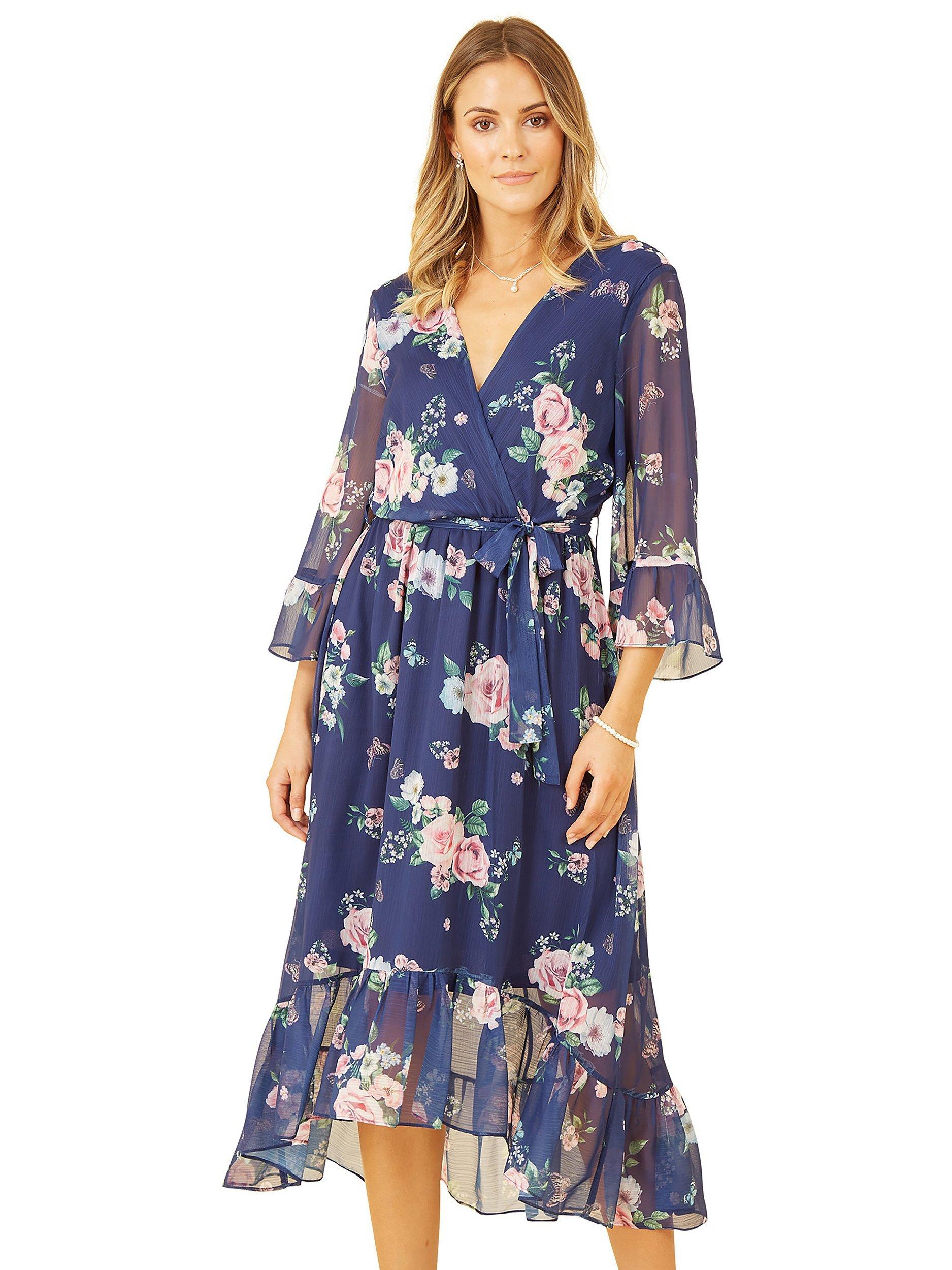 Product image 3 of 5, which shows Yumi Floral Print Wrap Midi Dress, Navy, 8