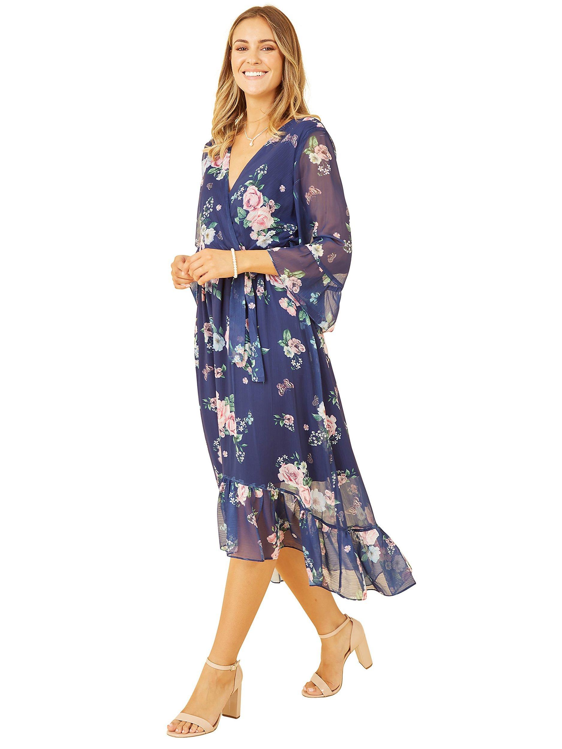 Product image 4 of 5, which shows Yumi Floral Print Wrap Midi Dress, Navy, 8