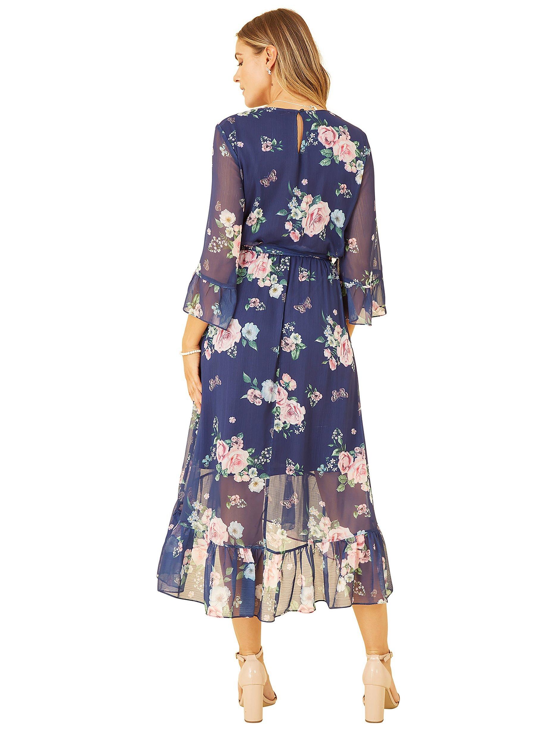 Product image 5 of 5, which shows Yumi Floral Print Wrap Midi Dress, Navy, 8