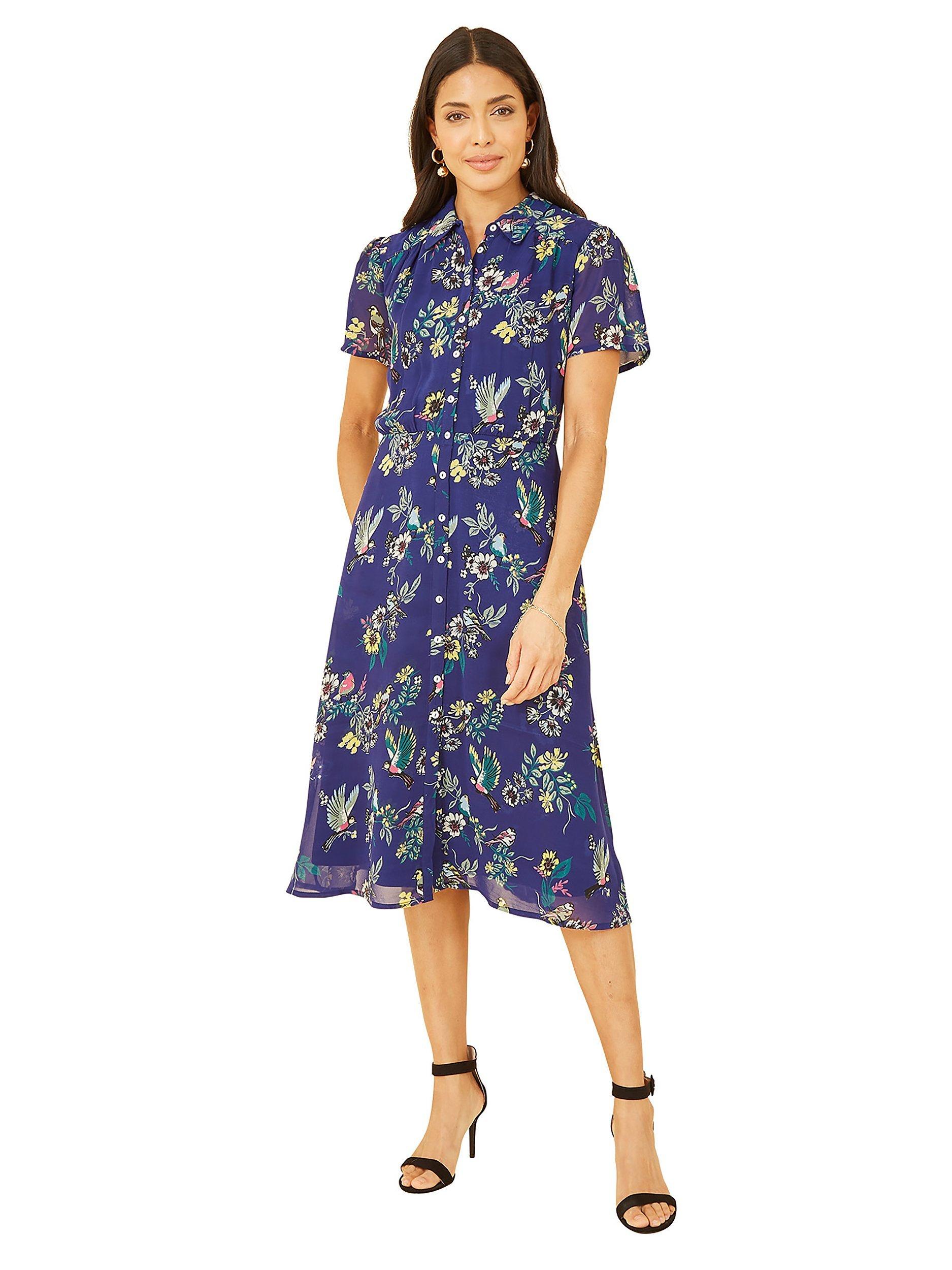 Product image 1 of 4, which shows Yumi Bird Print Midi Shirt Dress, Navy, 8