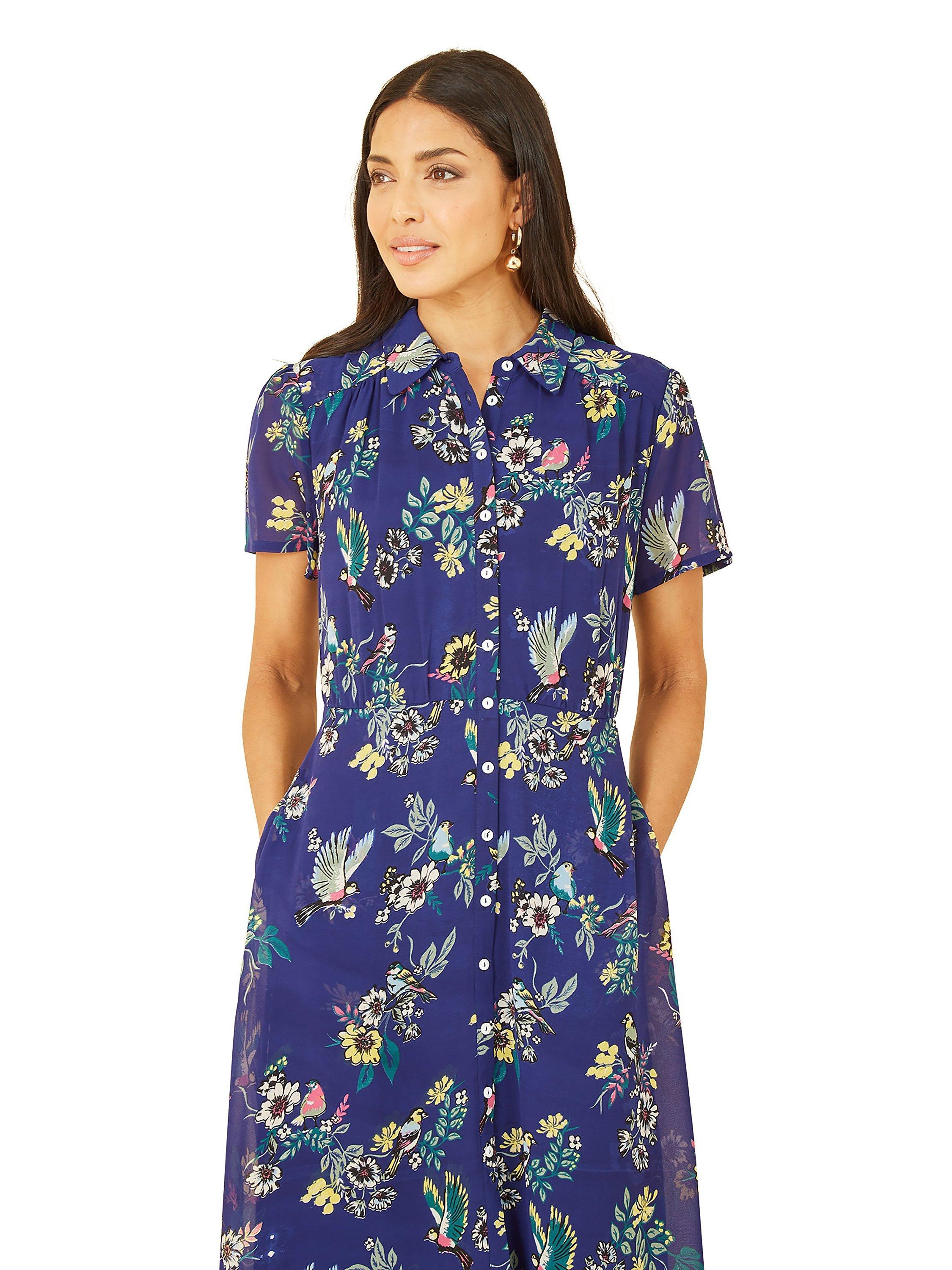Product image 2 of 4, which shows Yumi Bird Print Midi Shirt Dress, Navy, 8