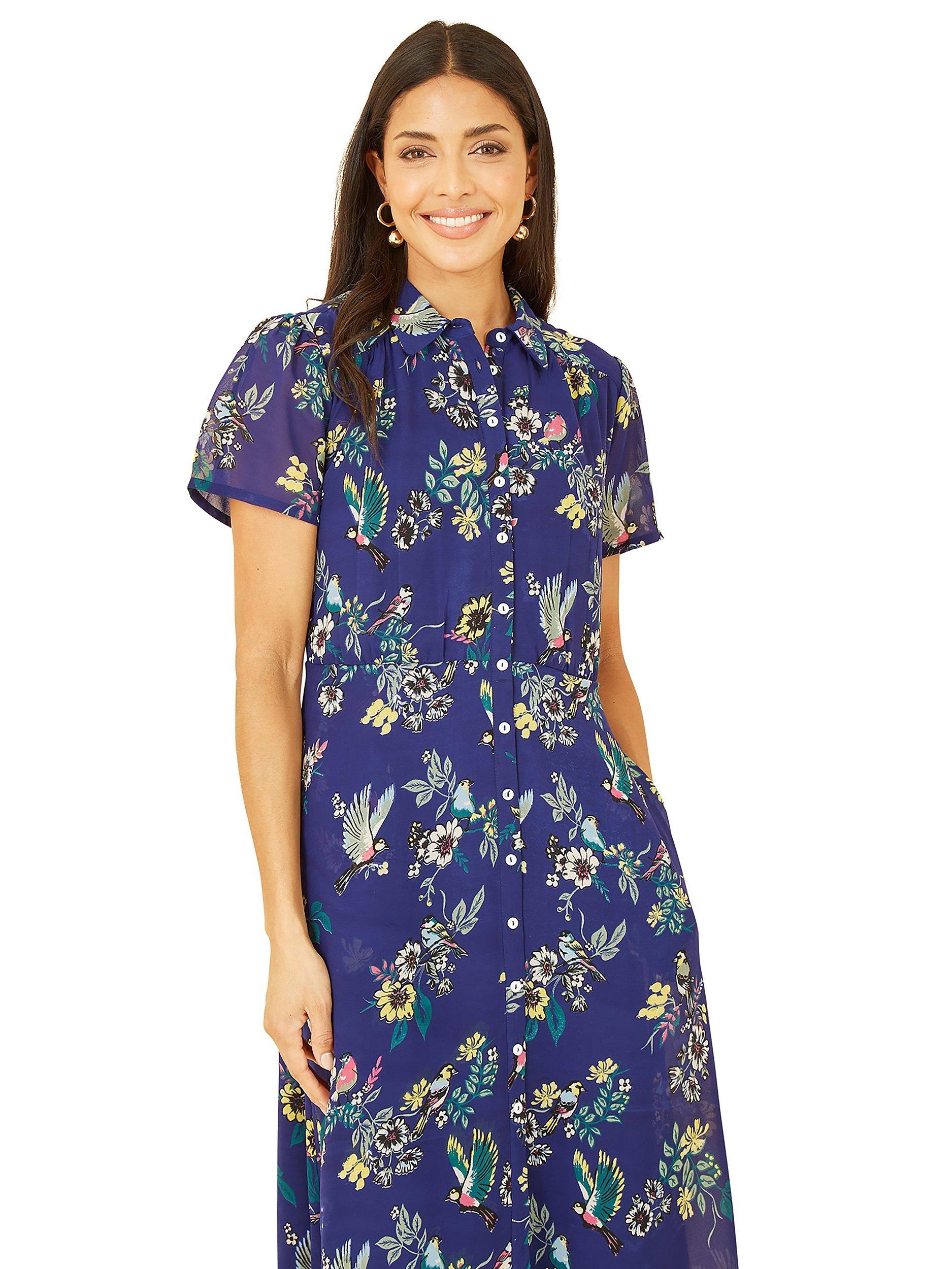 Product image 4 of 4, which shows Yumi Bird Print Midi Shirt Dress, Navy, 8
