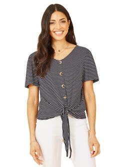 Yumi Stripe Tie Detail Button Top, Navy, Navy