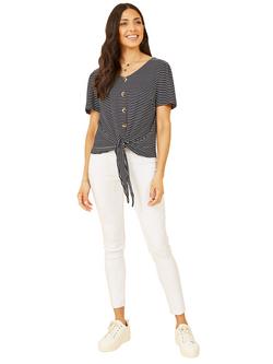 Yumi Stripe Tie Detail Button Top - view 2, Navy