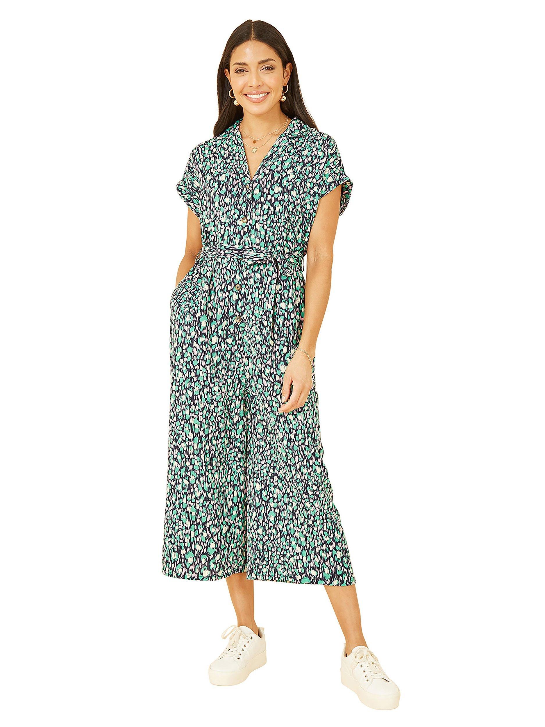 Product image 1 of 5, which shows Yumi Dash Print Button Jumpsuit, Green, 8