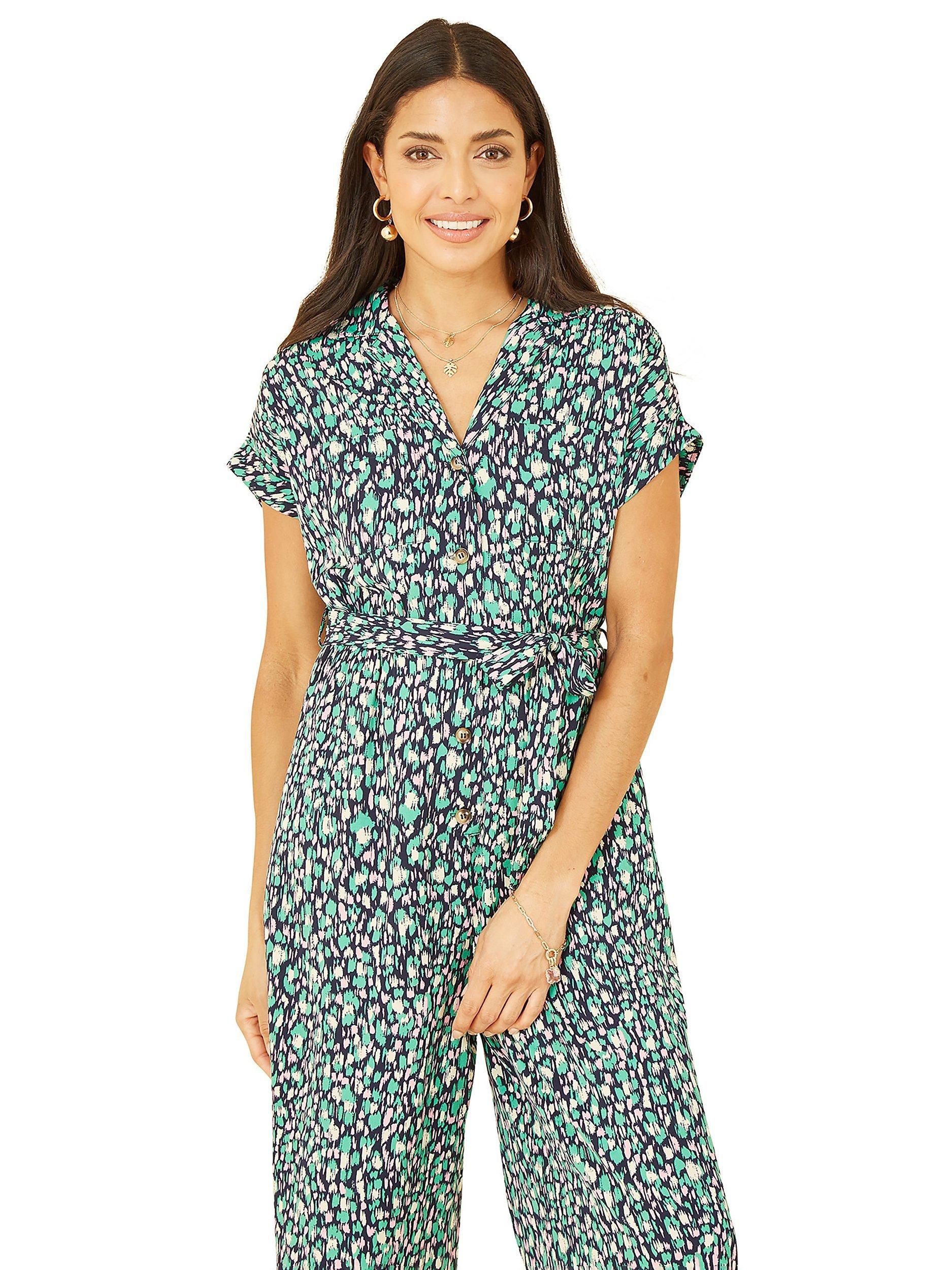 Product image 2 of 5, which shows Yumi Dash Print Button Jumpsuit, Green, 8