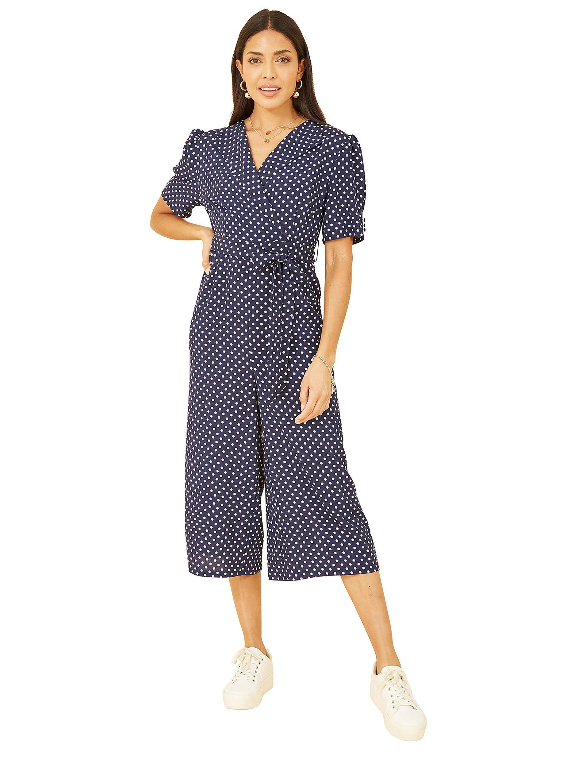 Product image 1 of 5, which shows Yumi Spot Print Retro Jumpsuit, Navy, 8