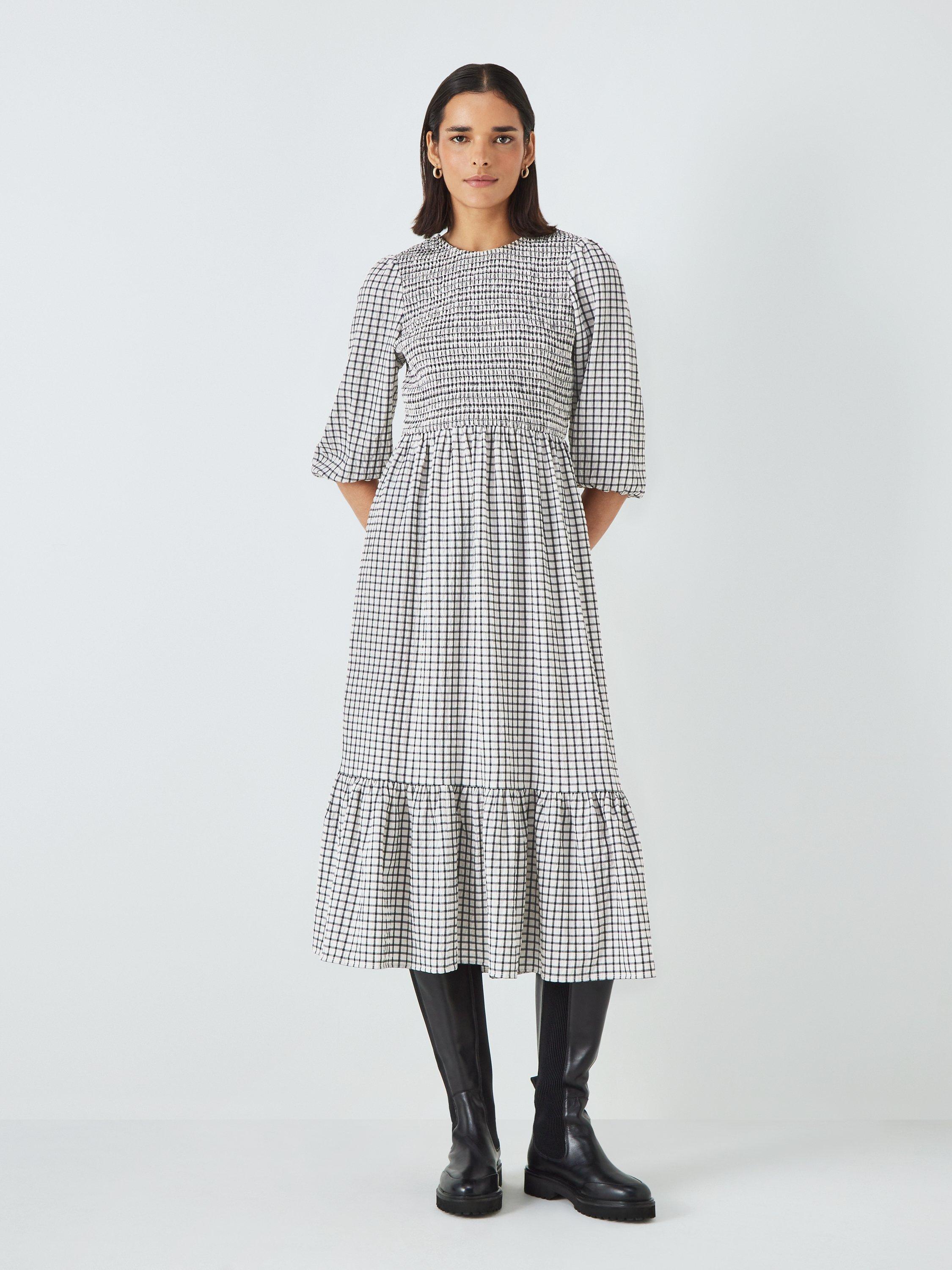 John Lewis ANYDAY Shirred Bodice Gingham Midi Dress, Ivory/Multi
