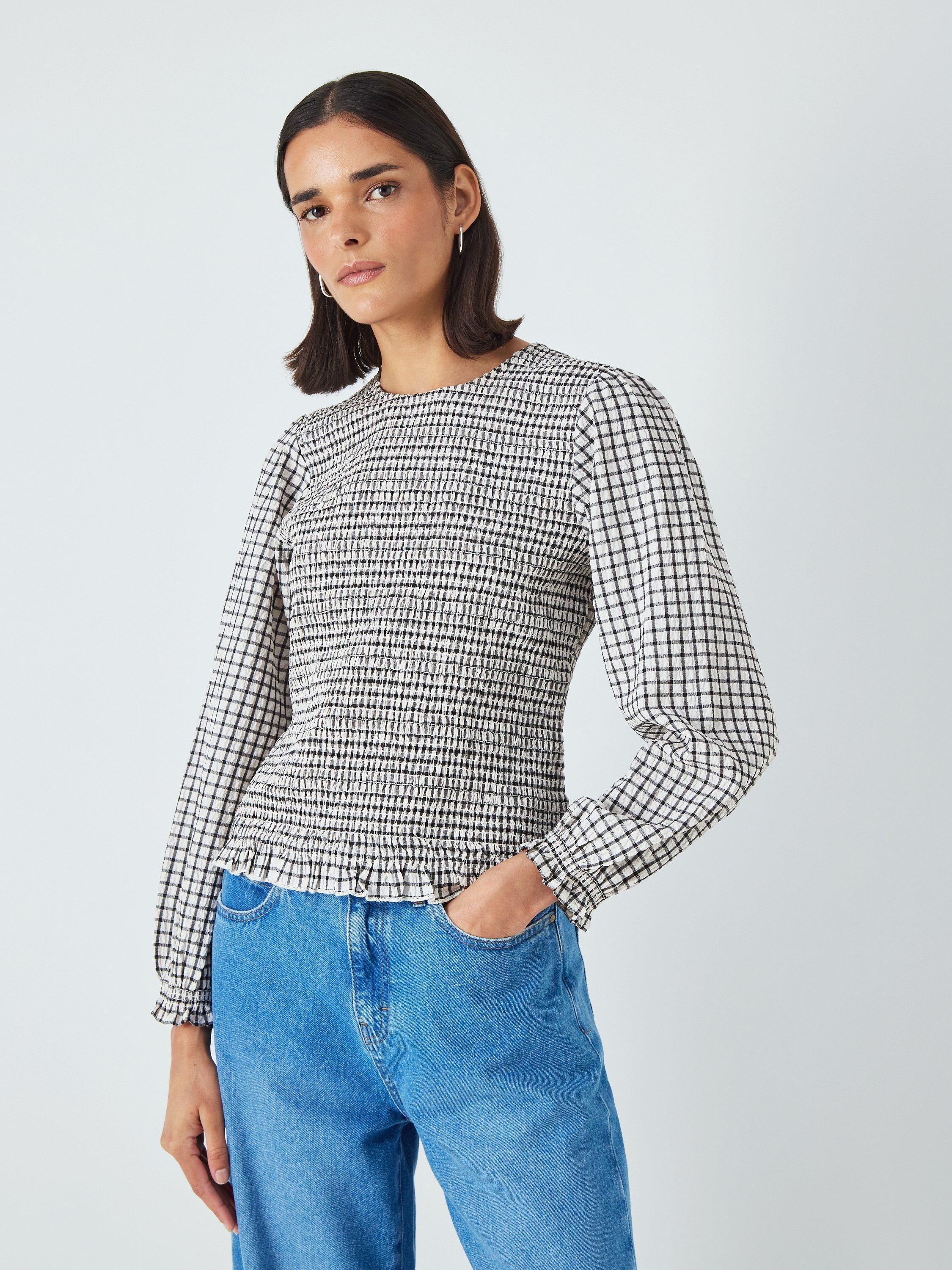 John Lewis ANYDAY Gingham Shirred Bodice Top, Ivory/Multi