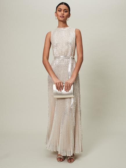 Phase Eight Simara Sequin Pleat Midi Dress, Soft Gold