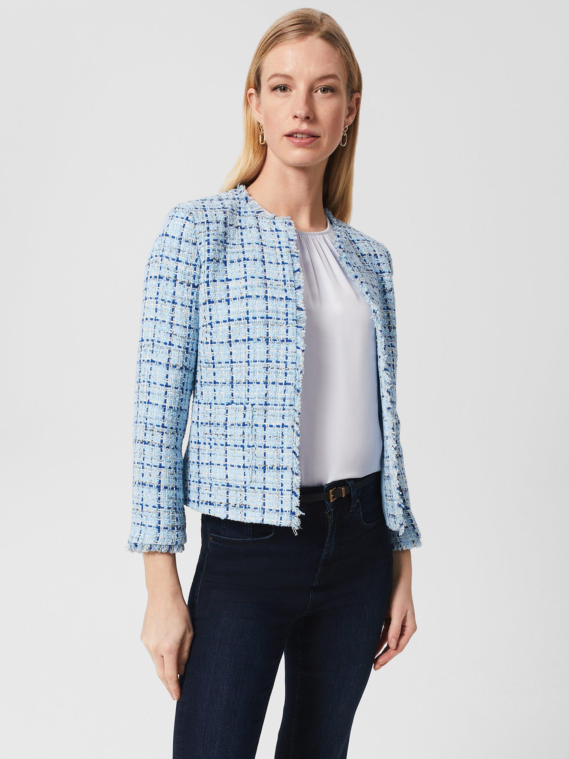 Product image 1 of 5, which shows Hobbs Lorraine Bouclé Fringe Trimmed Jacket, Blue/Multi, 8
