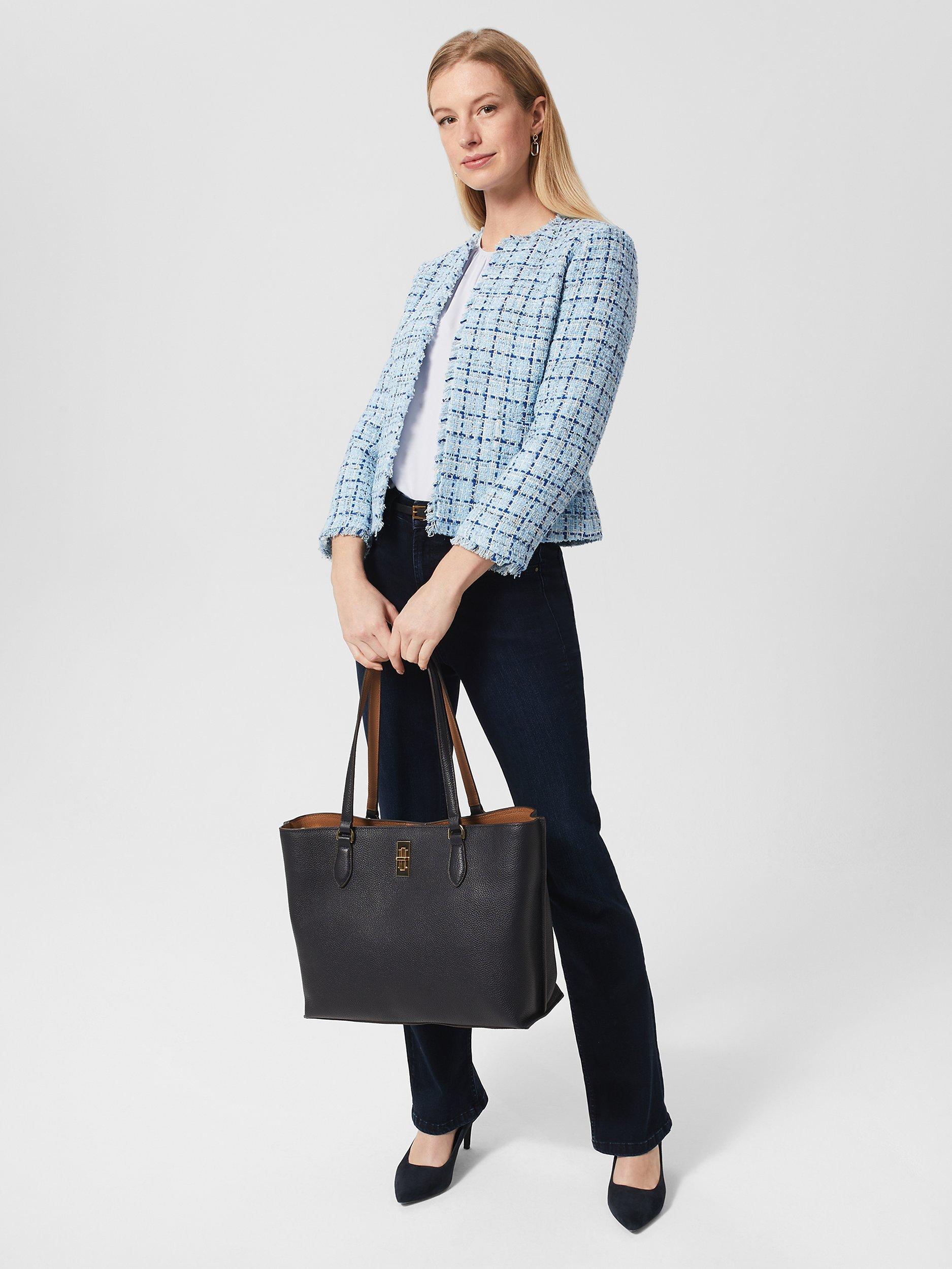 Product image 2 of 5, which shows Hobbs Lorraine Bouclé Fringe Trimmed Jacket, Blue/Multi, 8