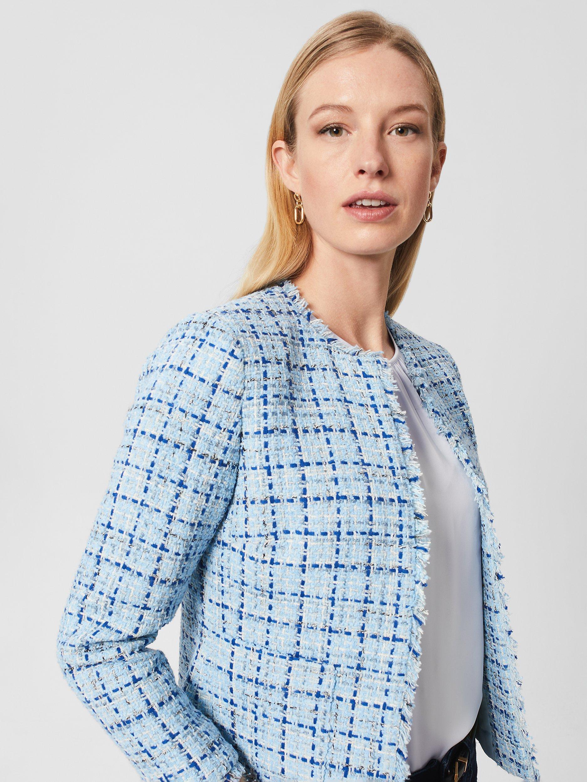 Product image 3 of 5, which shows Hobbs Lorraine Bouclé Fringe Trimmed Jacket, Blue/Multi, 8