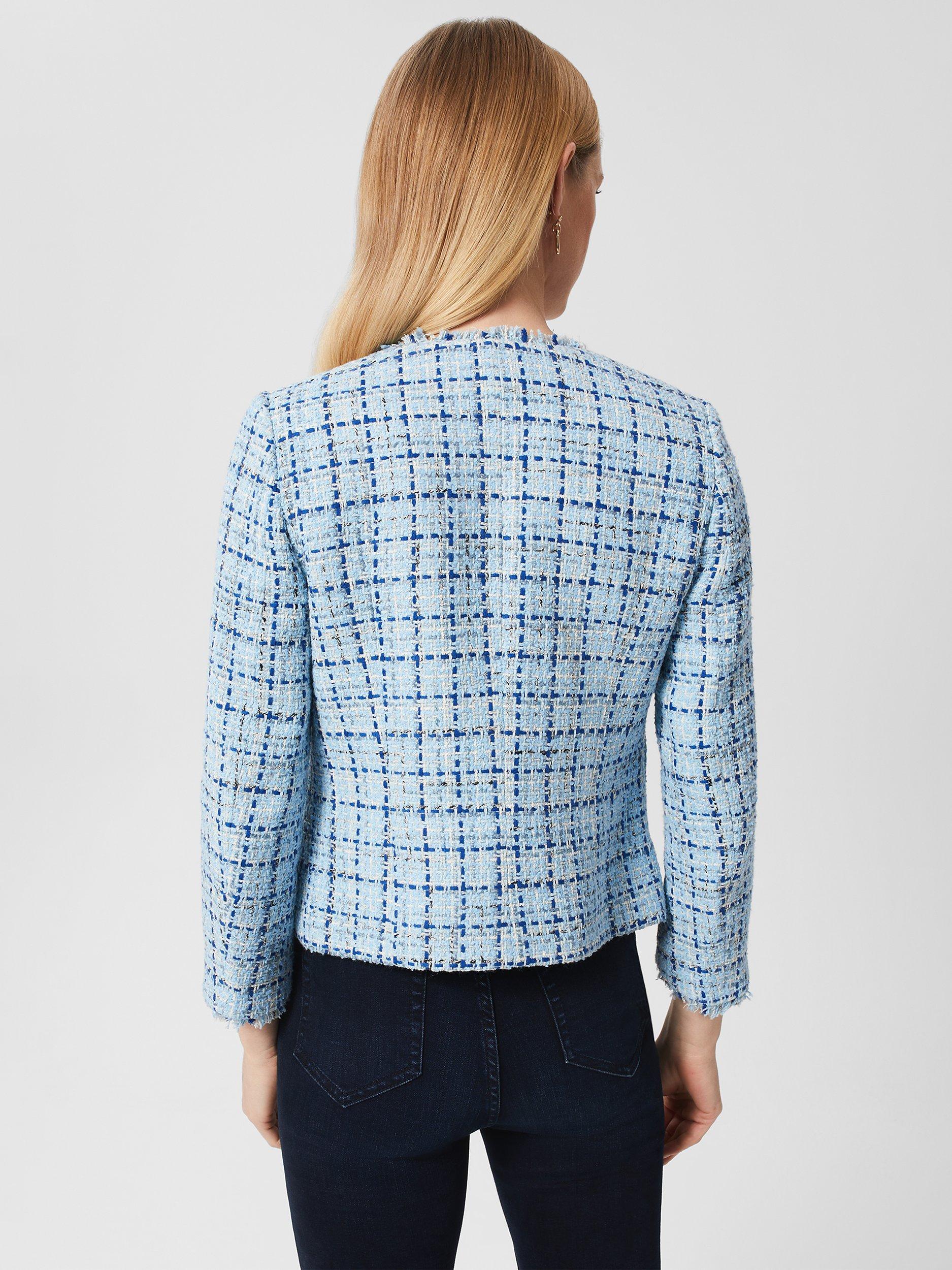 Product image 4 of 5, which shows Hobbs Lorraine Bouclé Fringe Trimmed Jacket, Blue/Multi, 8
