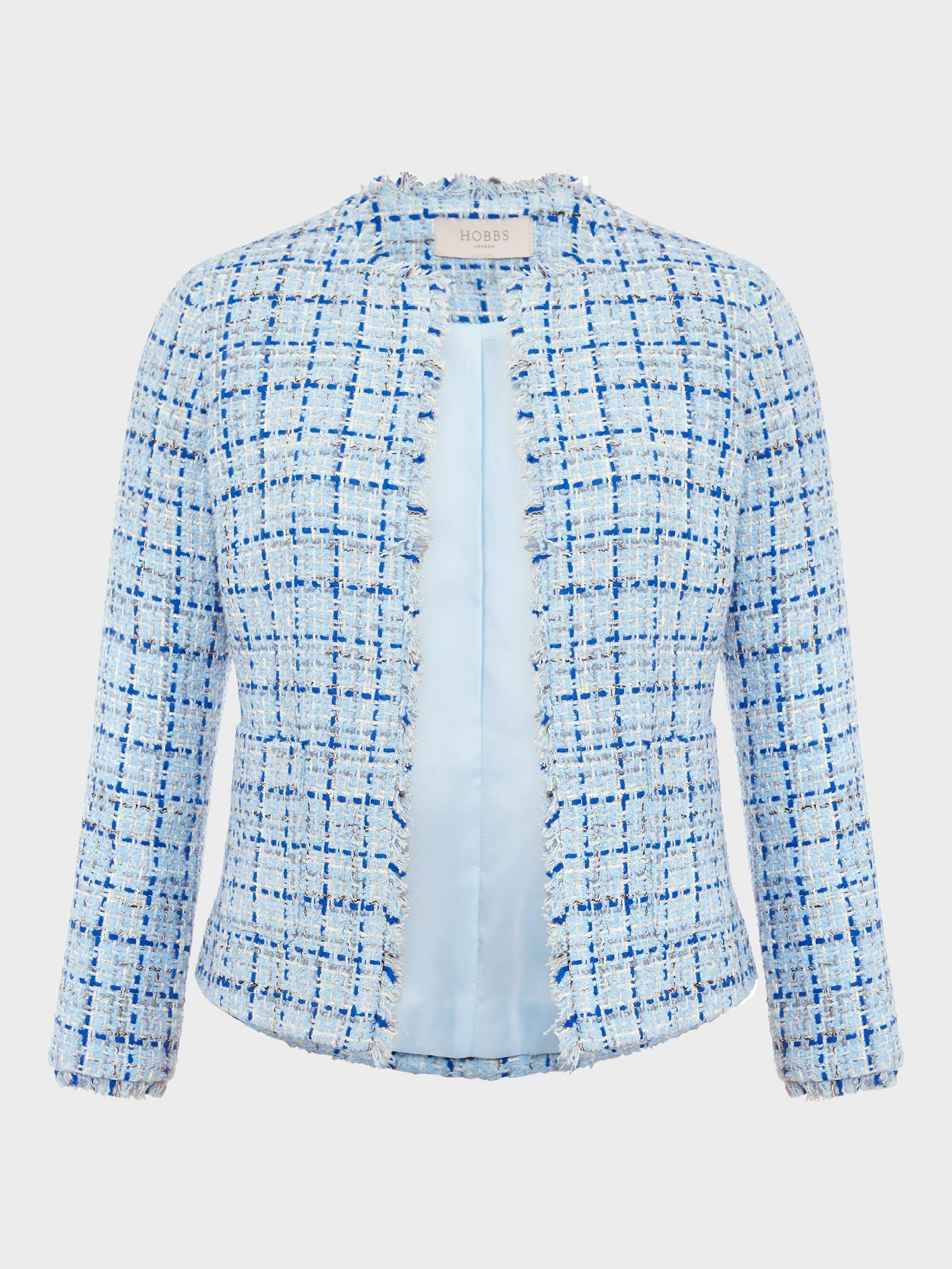 Product image 5 of 5, which shows Hobbs Lorraine Bouclé Fringe Trimmed Jacket, Blue/Multi, 8