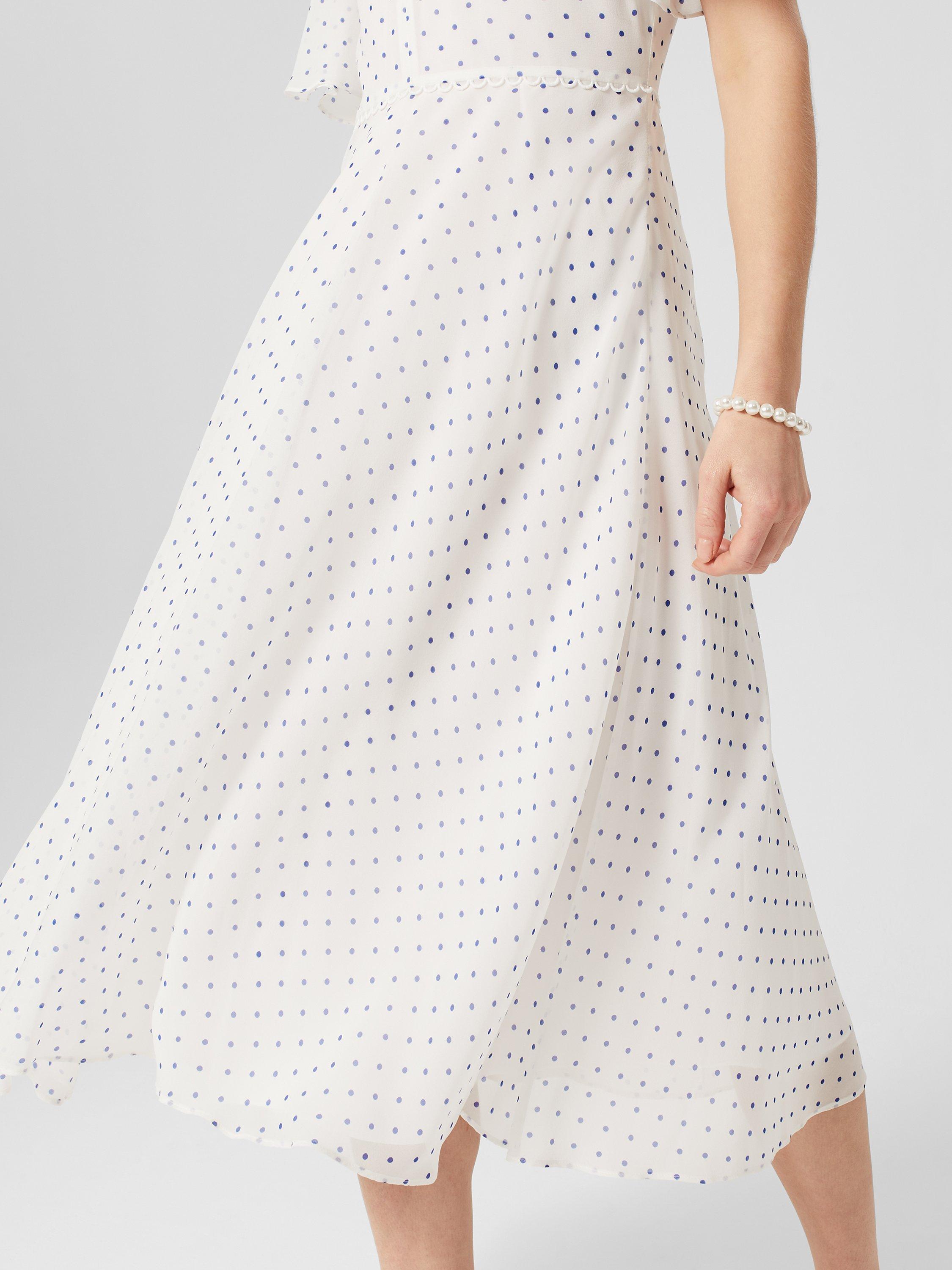 Hobbs Priya Polka Dot Midi Silk Dress Ivory Blue