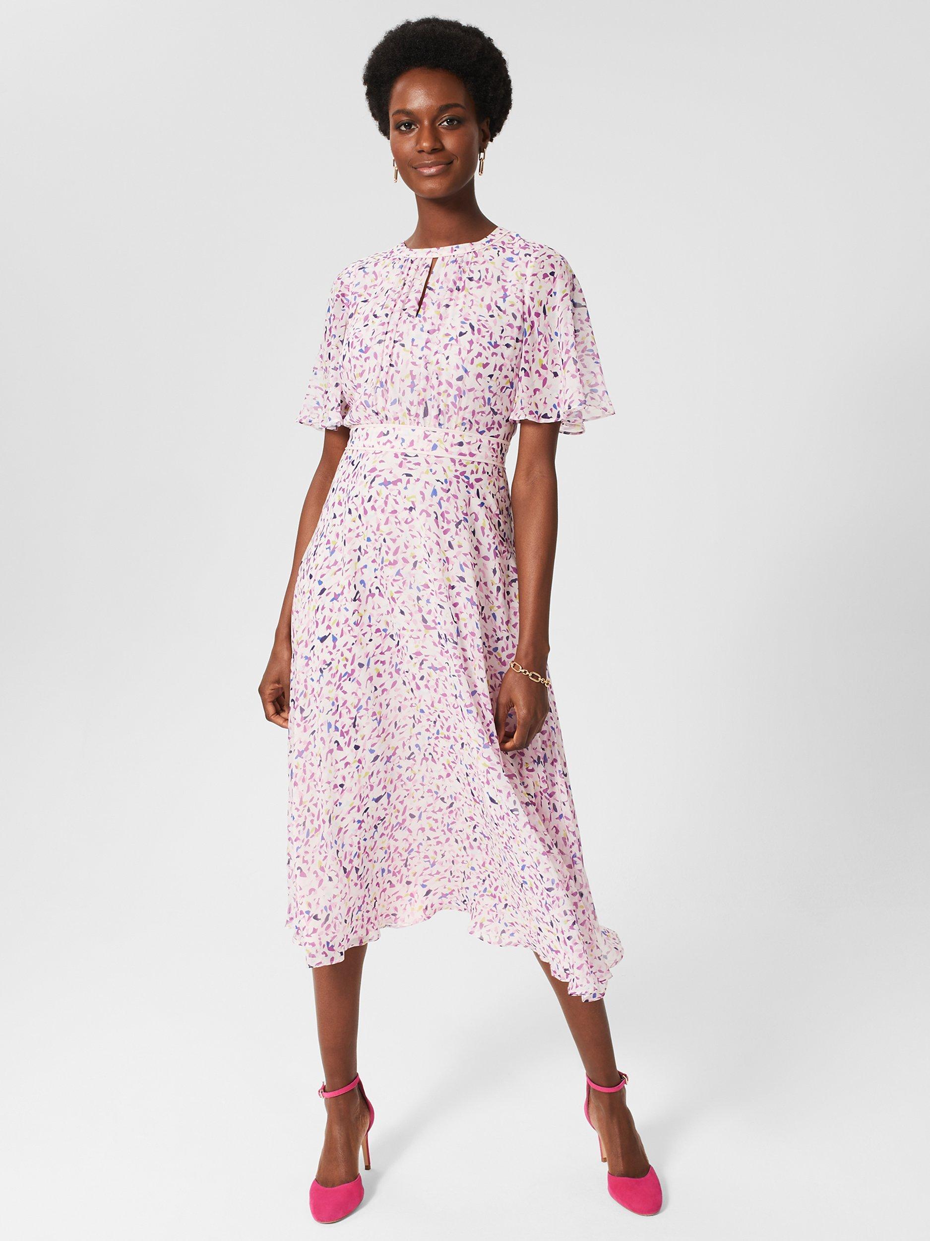 Hobbs Lisette Abstract Print Midi Silk Dress Pale Pink Multi