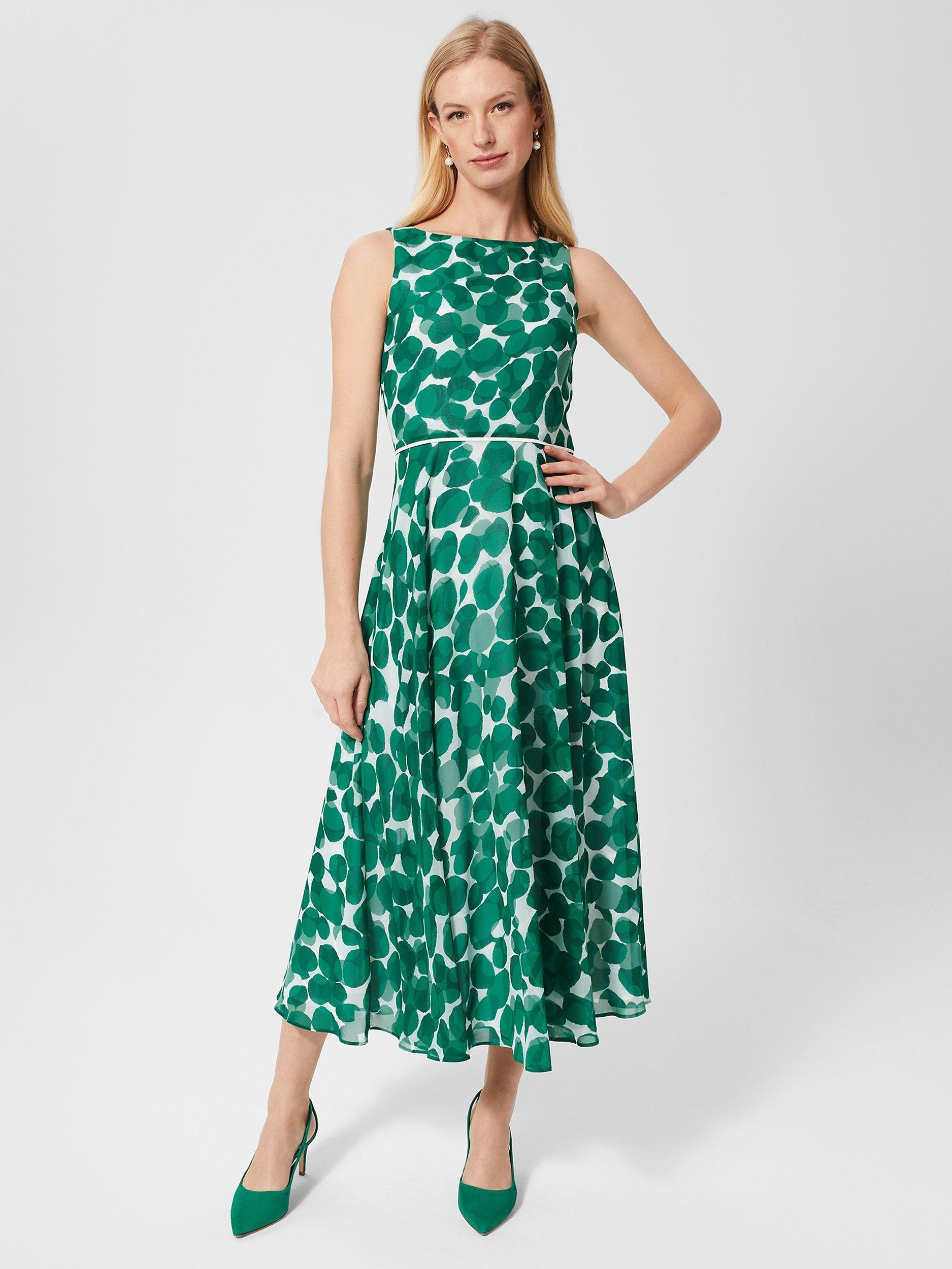 Hobbs Carly Abstract Spot Midi Dress, Green/Ivory