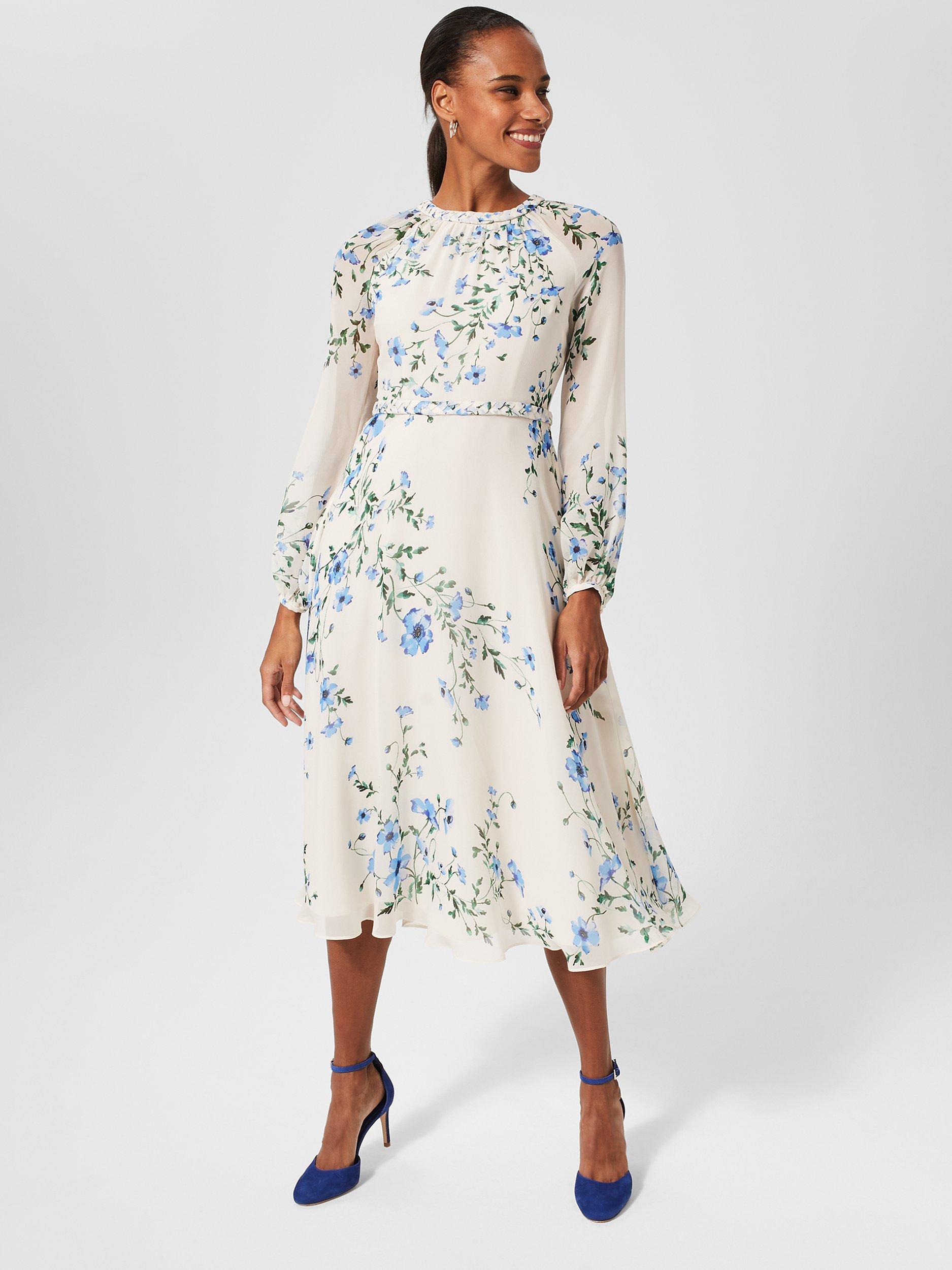 Hobbs Renee Midi Floral Silk Dress Cream Multi