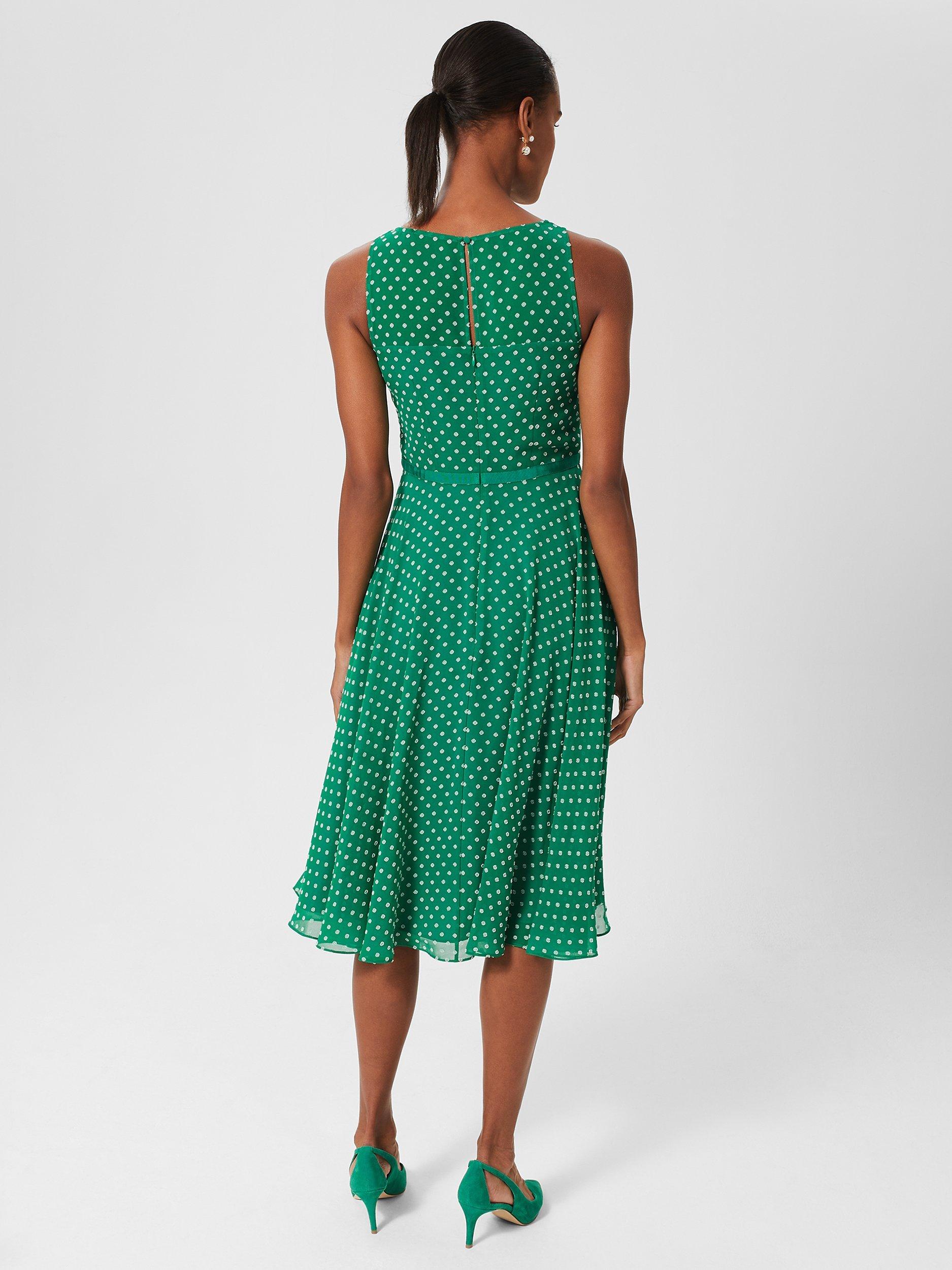 Product image 4 of 7, which shows Hobbs Della Polka Dot Dress, Green/Ivory, 22