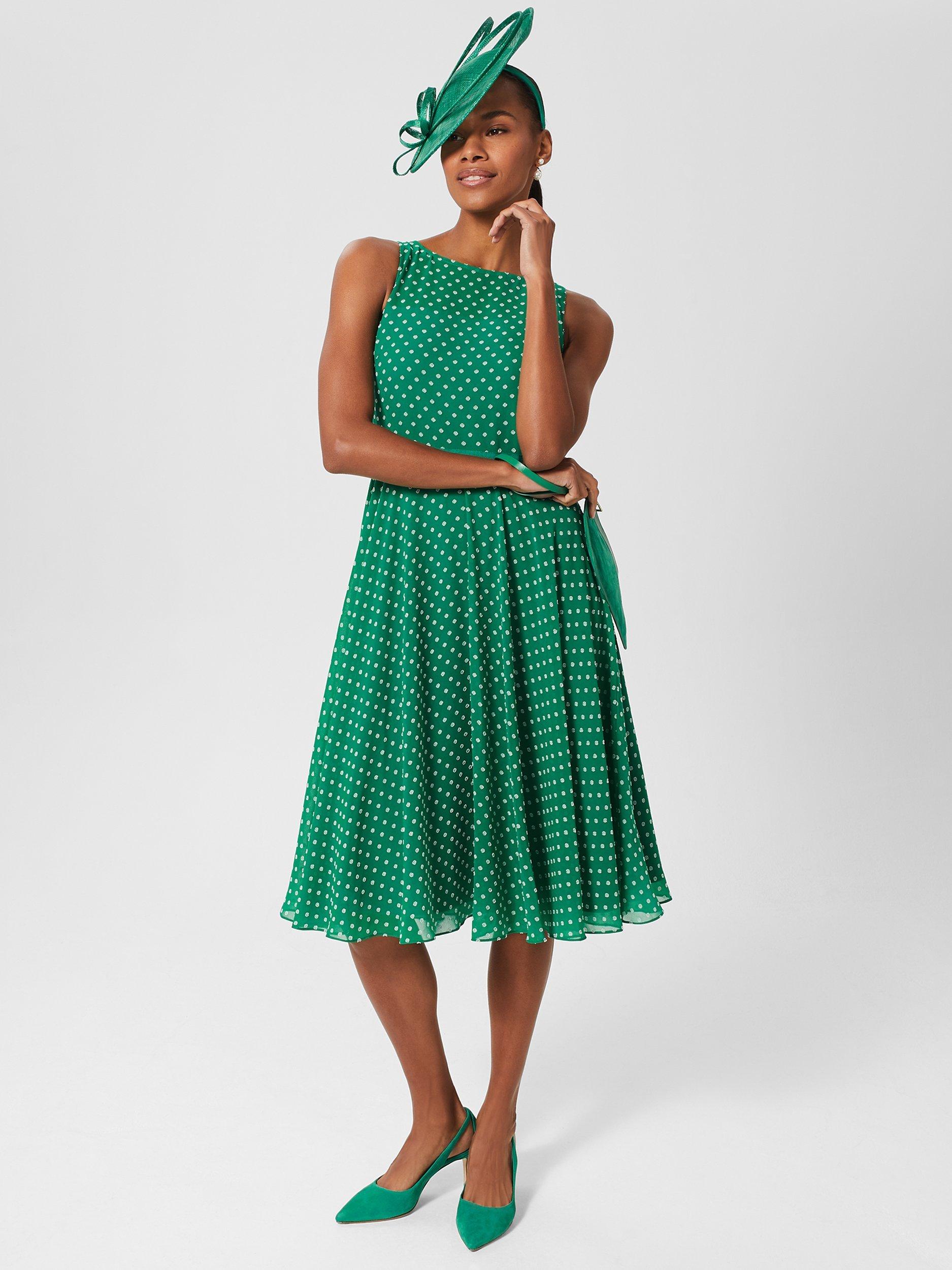 Product image 5 of 7, which shows Hobbs Della Polka Dot Dress, Green/Ivory, 22