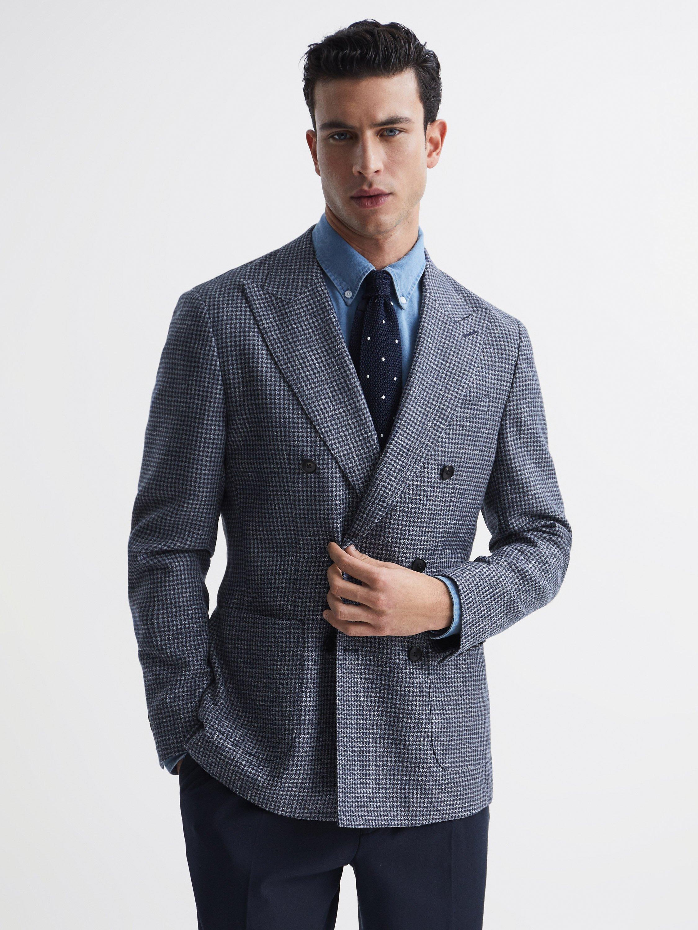 Reiss Monument Dogtooth Wool and Linen Blend Double Breasted Blazer