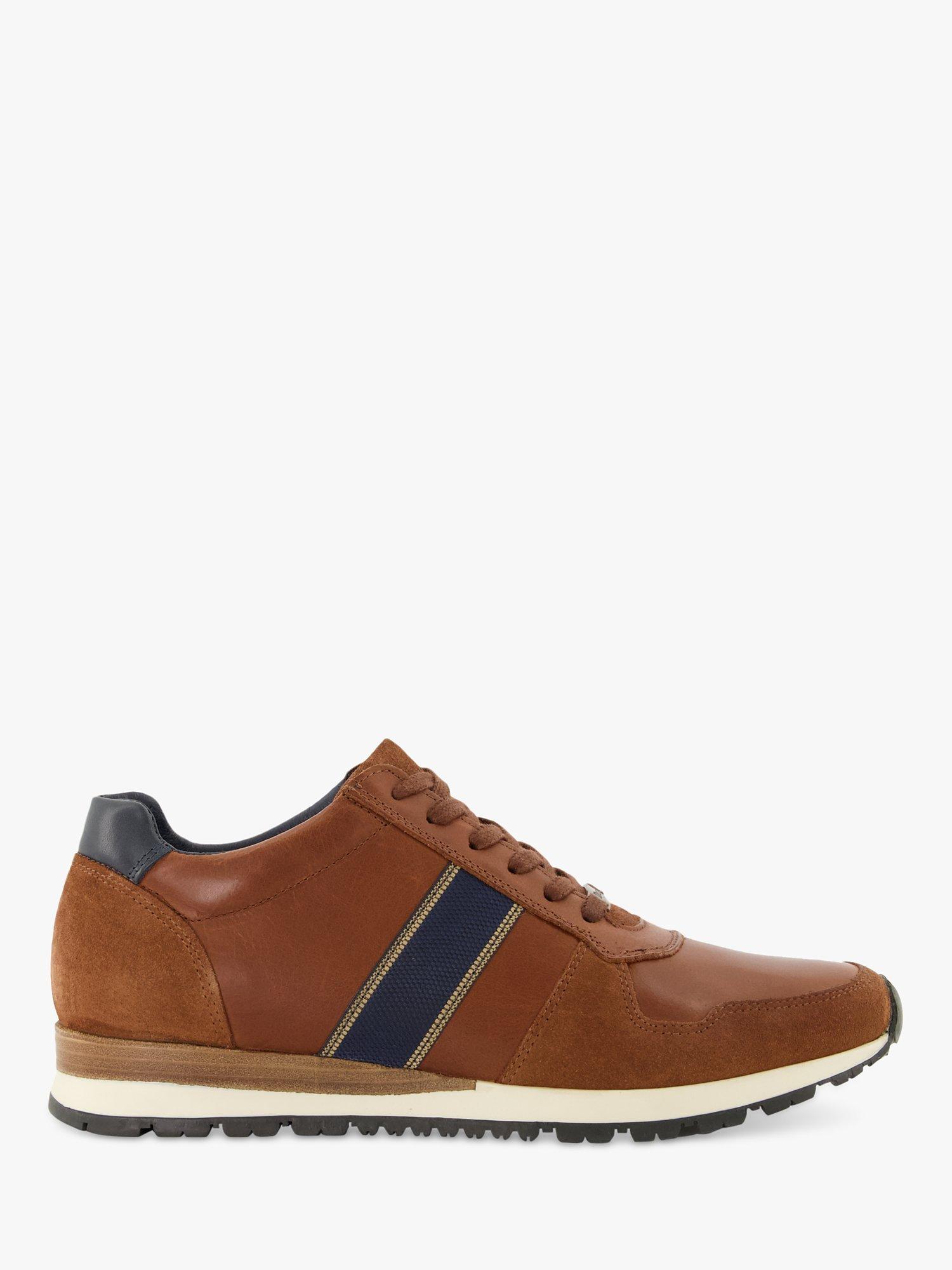 Product image 1 of 4, which shows Dune London Treck Leather Stripe Webbing Lace Up Trainers, Dark Tan-leather, 6