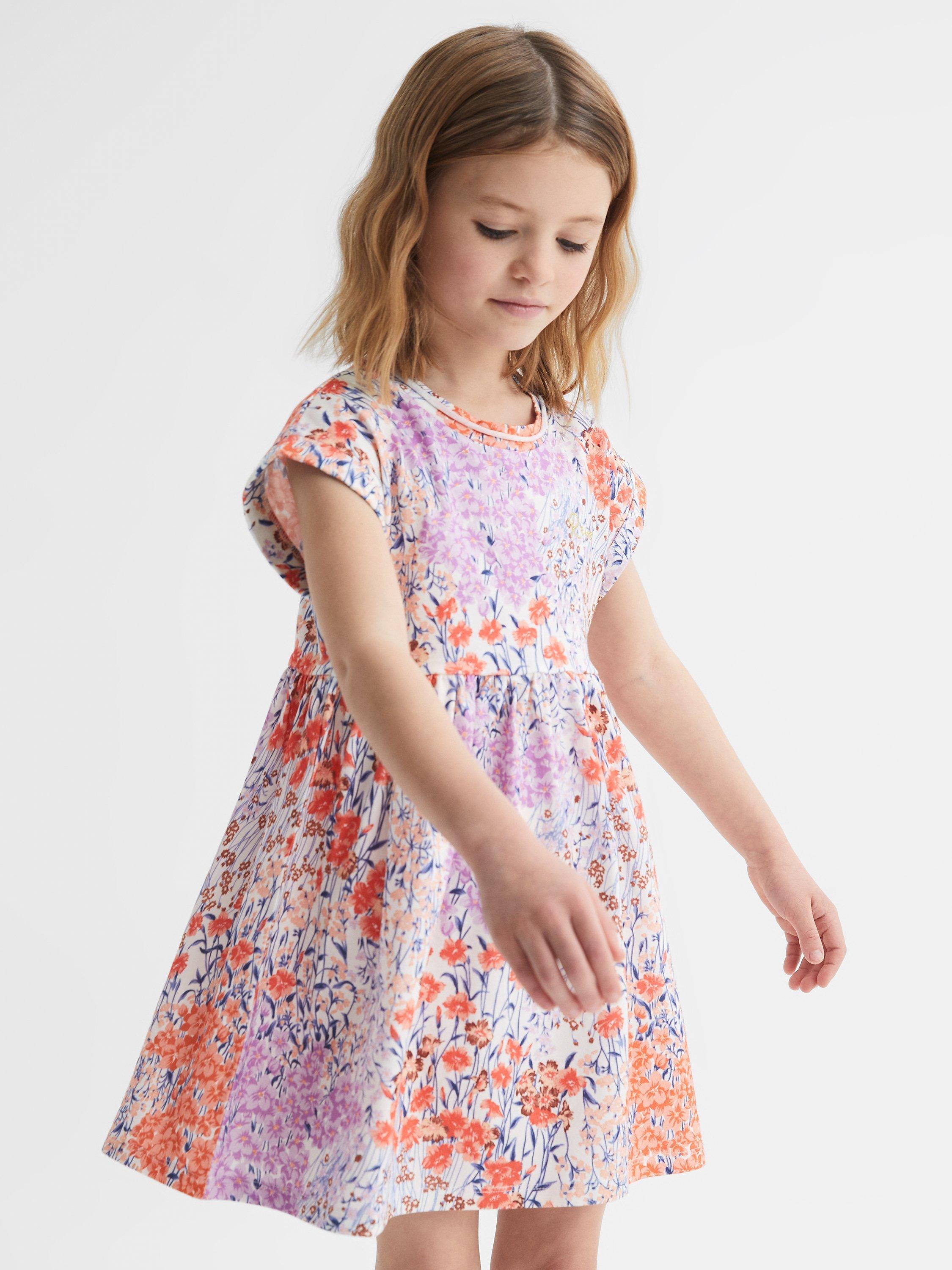 Reiss Kids' Dahlia Floral Print Cotton Jersey Dress, Pink
